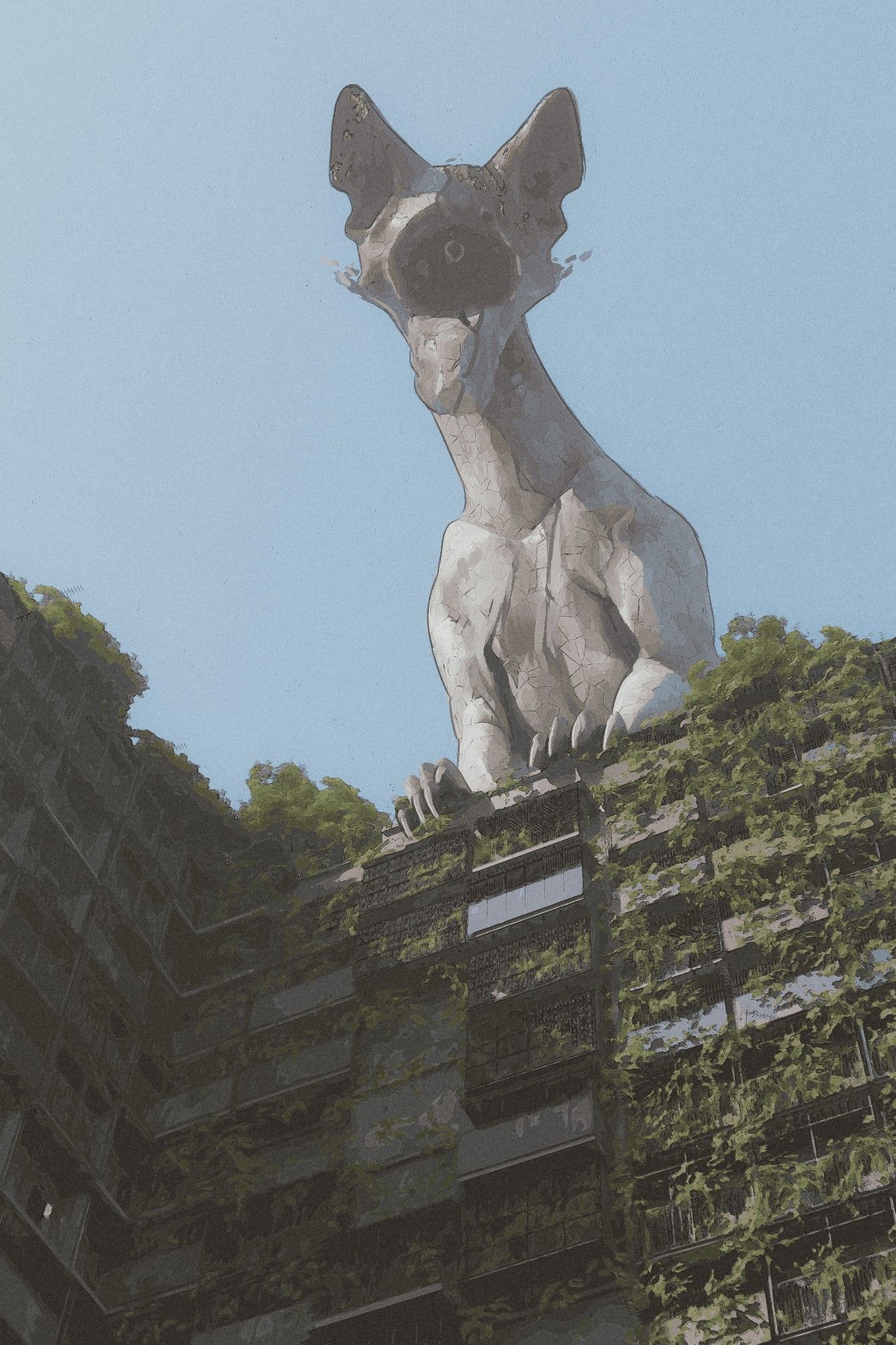 From a worm's eye view of a building overgrown with greenery, a canine-like eldritch creature with white cracked alabaster skin stands at the very top, looking down at the viewer.