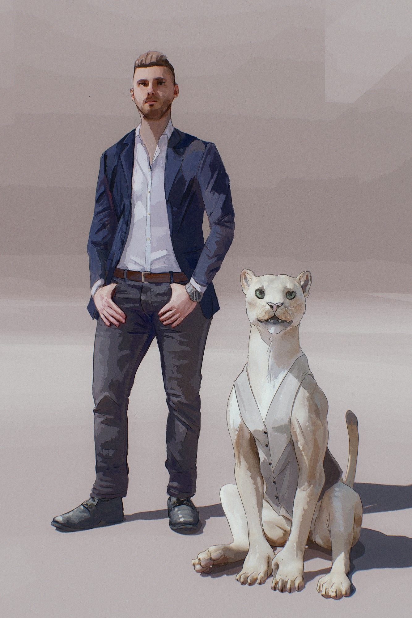 A man standing in a blazer and a cat sitting in a vest. Both look very fancy.