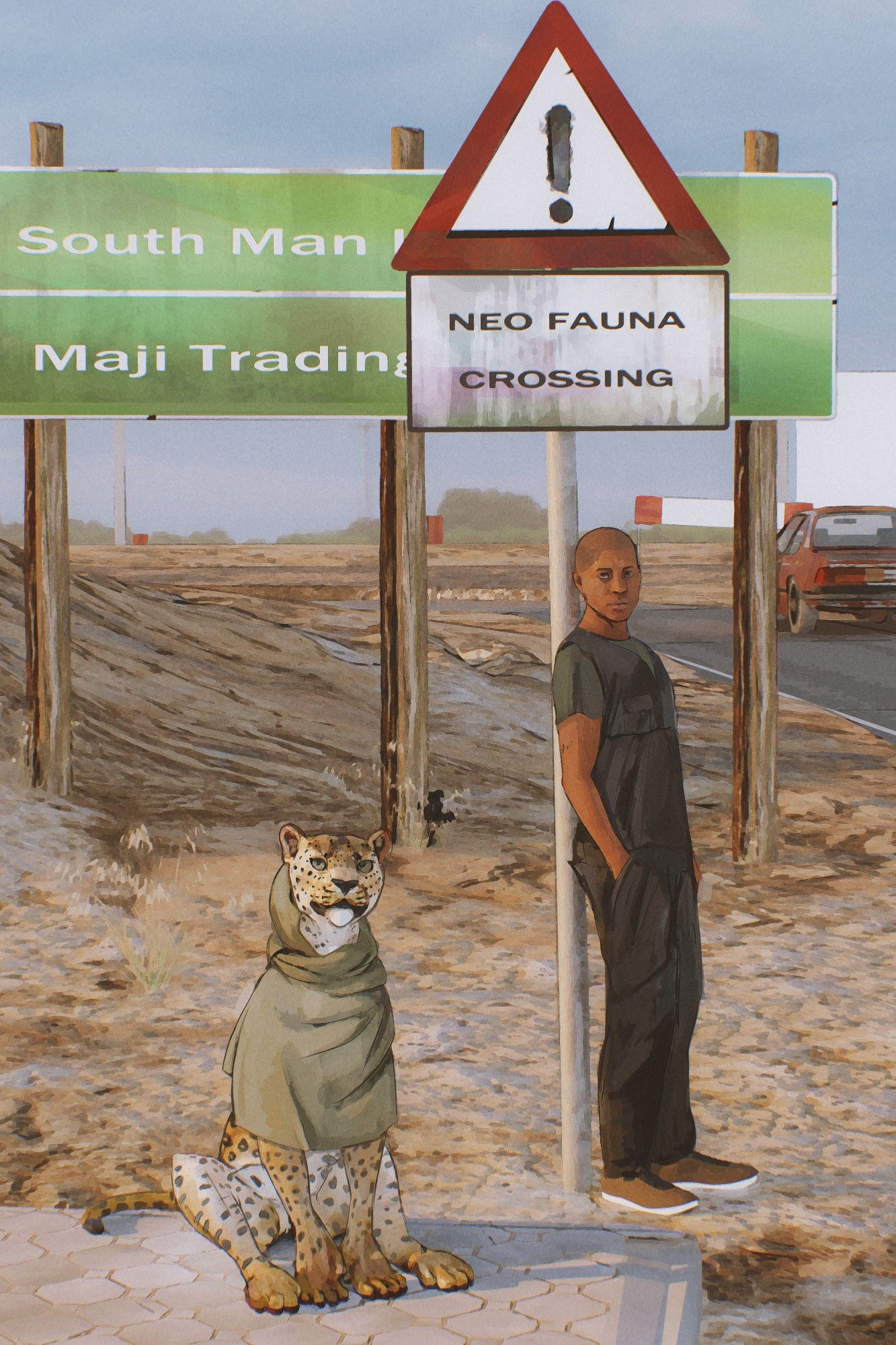 A man and a leopard stand waiting near some street signs on an arid road. One of the street signs warns of something called a neo fauna.