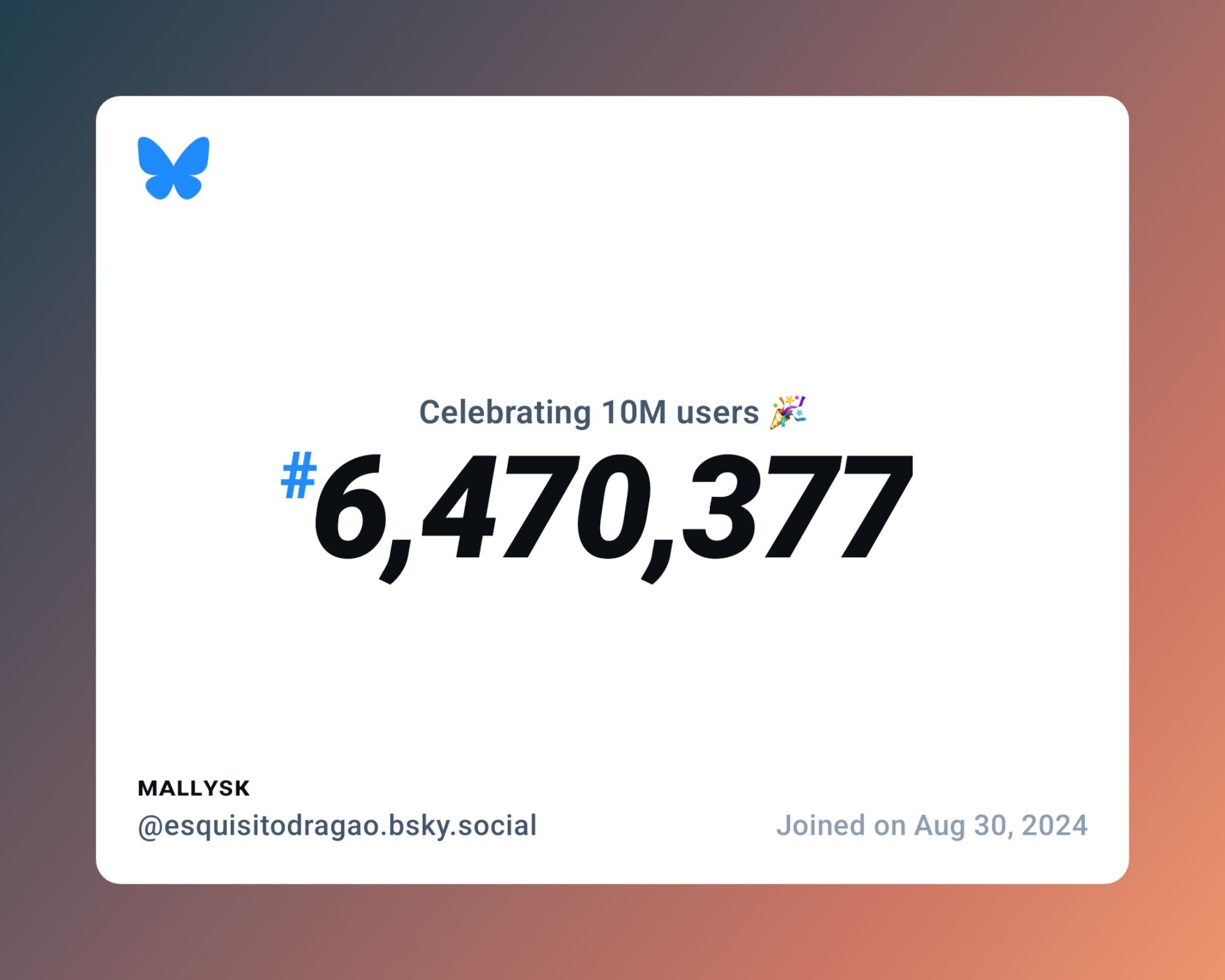 A virtual certificate with text "Celebrating 10M users on Bluesky, #6,470,377, ᴍᴀʟʟʏꜱᴋ ‪@esquisitodragao.bsky.social‬, joined on Aug 30, 2024"