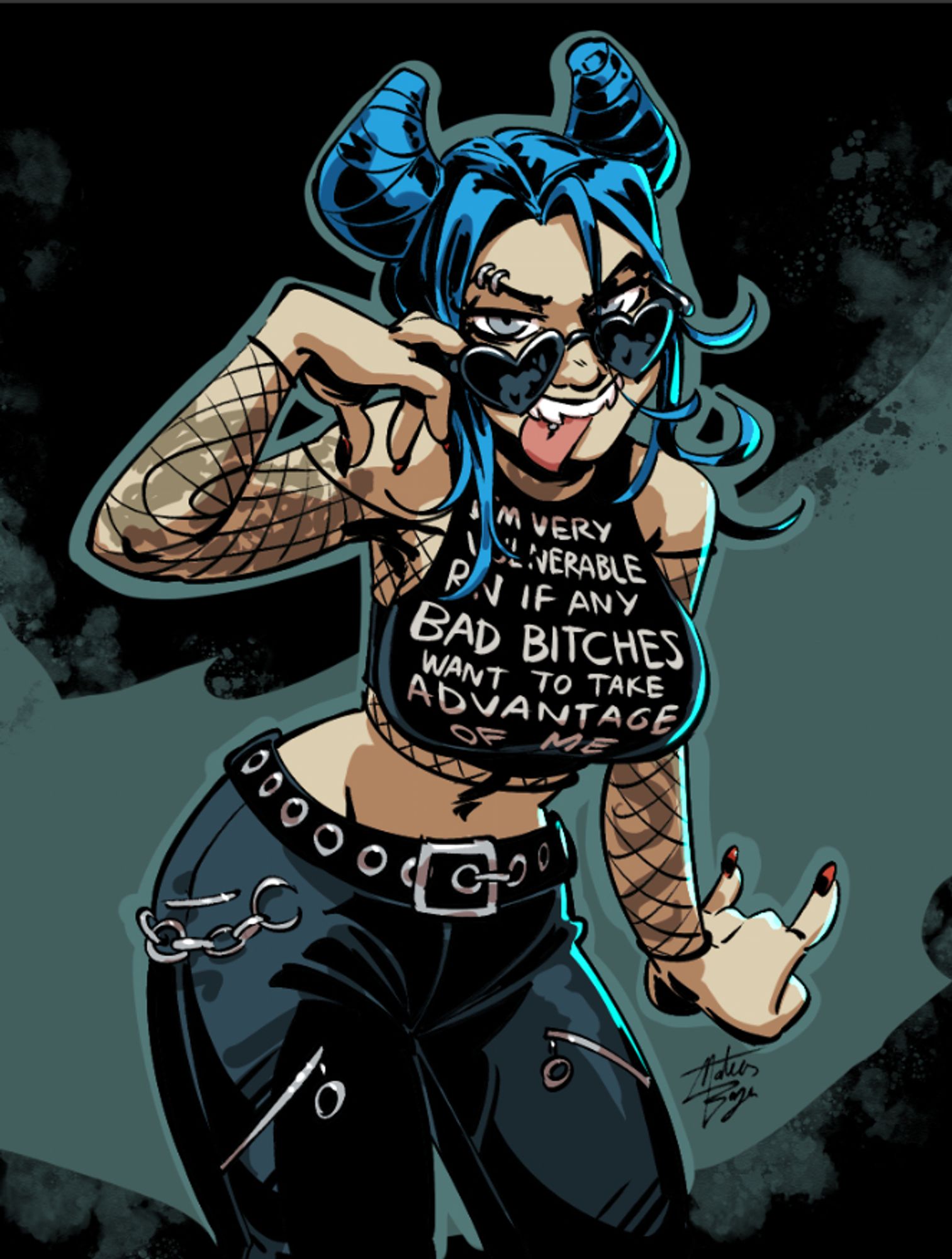 Drawing of an e-girl with blue devil-horn hair, heart-shaped sunglasses and modern goth style clothes, looking towards the viewer with a wicked smile and tongue out. The black shirt she is wearing says: "I'm very vulnerable rn if any bad bitches want to take advantage of me"