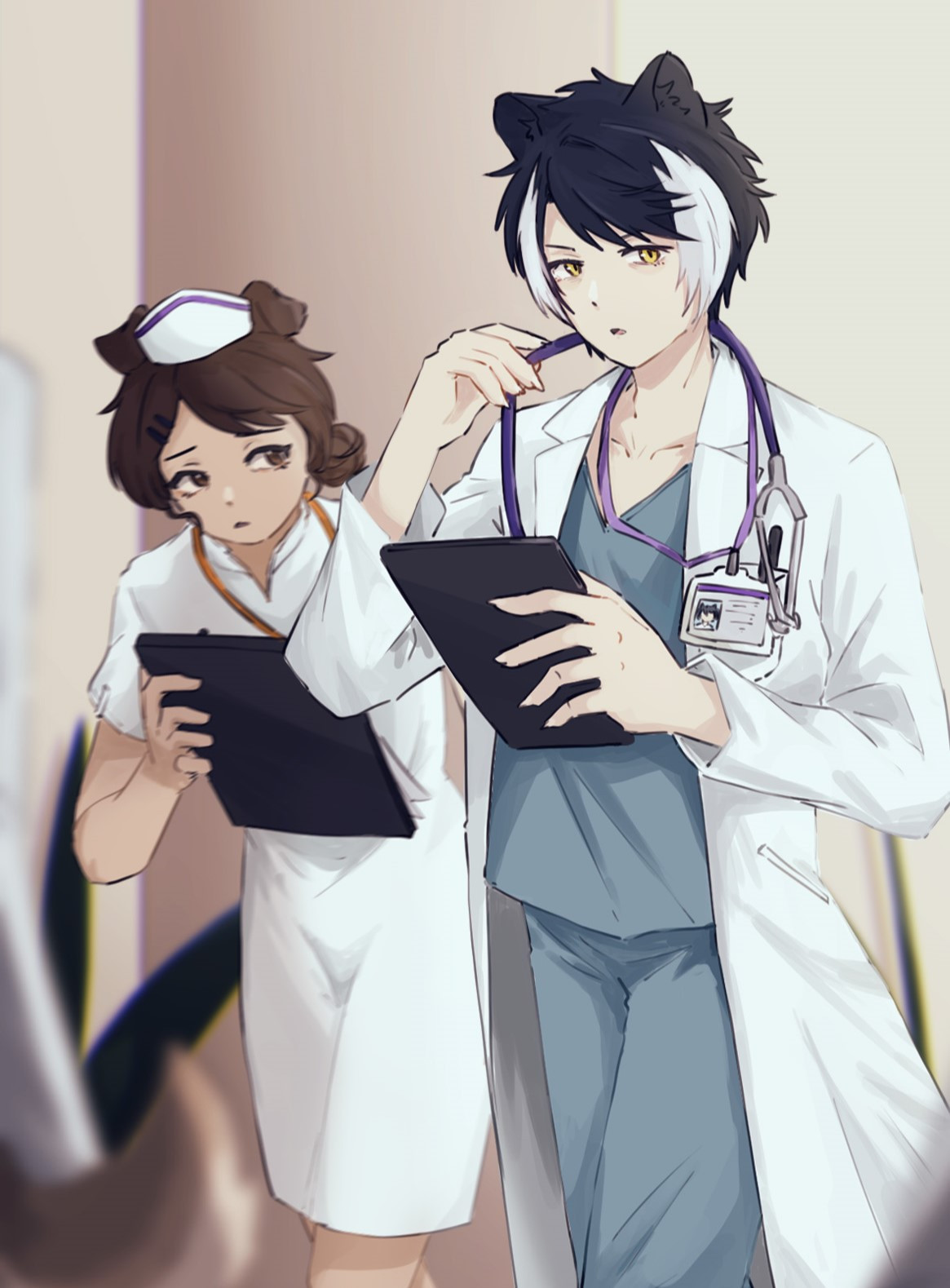 An entry for holoctober, with the prompt "Medic". Illustrated is Kageyama Shien in the doctor design that is based on the official design released by AGF2024. He's holding a clip board with his left hand and holding his stethoscope with his right, which is hanging around his neck. A nurse, also holding a clip board, is rushing to catch up with him behind him.