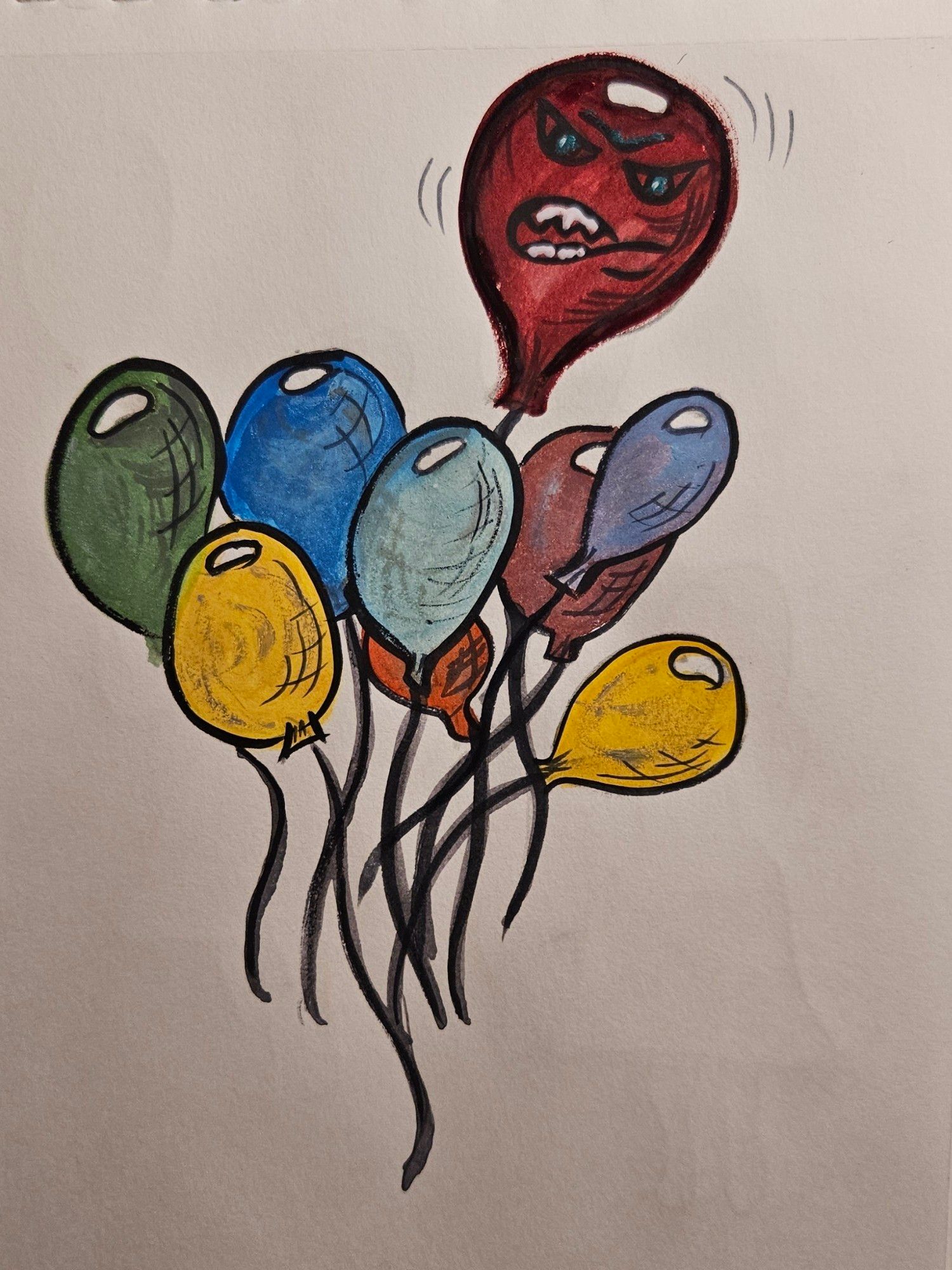 Etwa A5 Format. Ein bunter Ballonstrauß. Ein Ballon hat sich gelöst und schwebt scheinbar etwas höher über den anderen. Dieser dunkelrote große Ballon schaut mit grimmigen, grünen Augen und gefletschten weißen Zähnen auf die kleineren herunter.