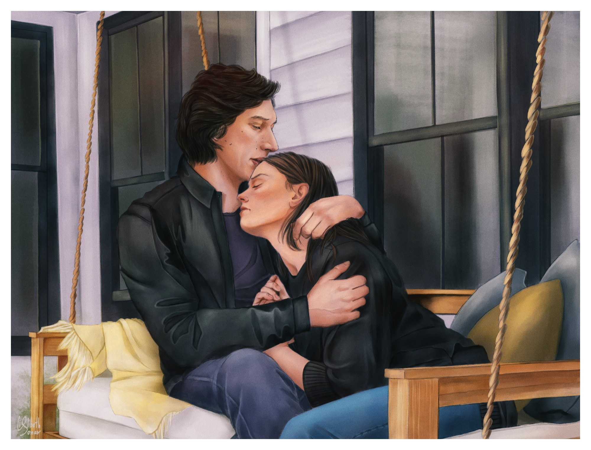 A modern au reylo sitting on a rocking bench together.