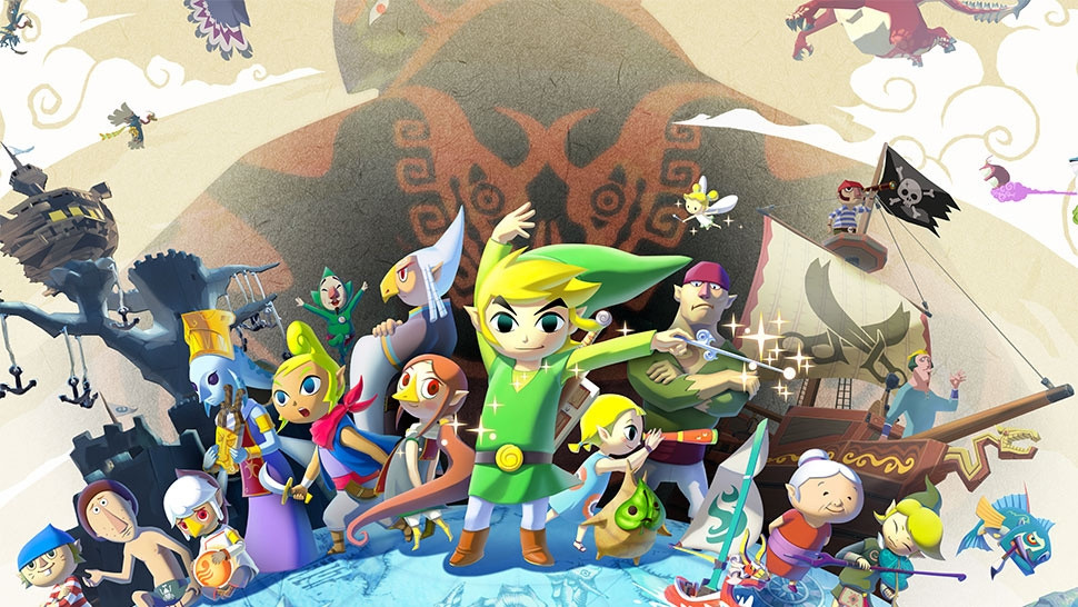 Promotional image for Wind Waker. Link stands, titular baton the Wind Waker in hand, standing in a stylized globe, various characters from the game behind him. At the far back taking up the majority of the background, Ganondorf looks sharply with a red eye.