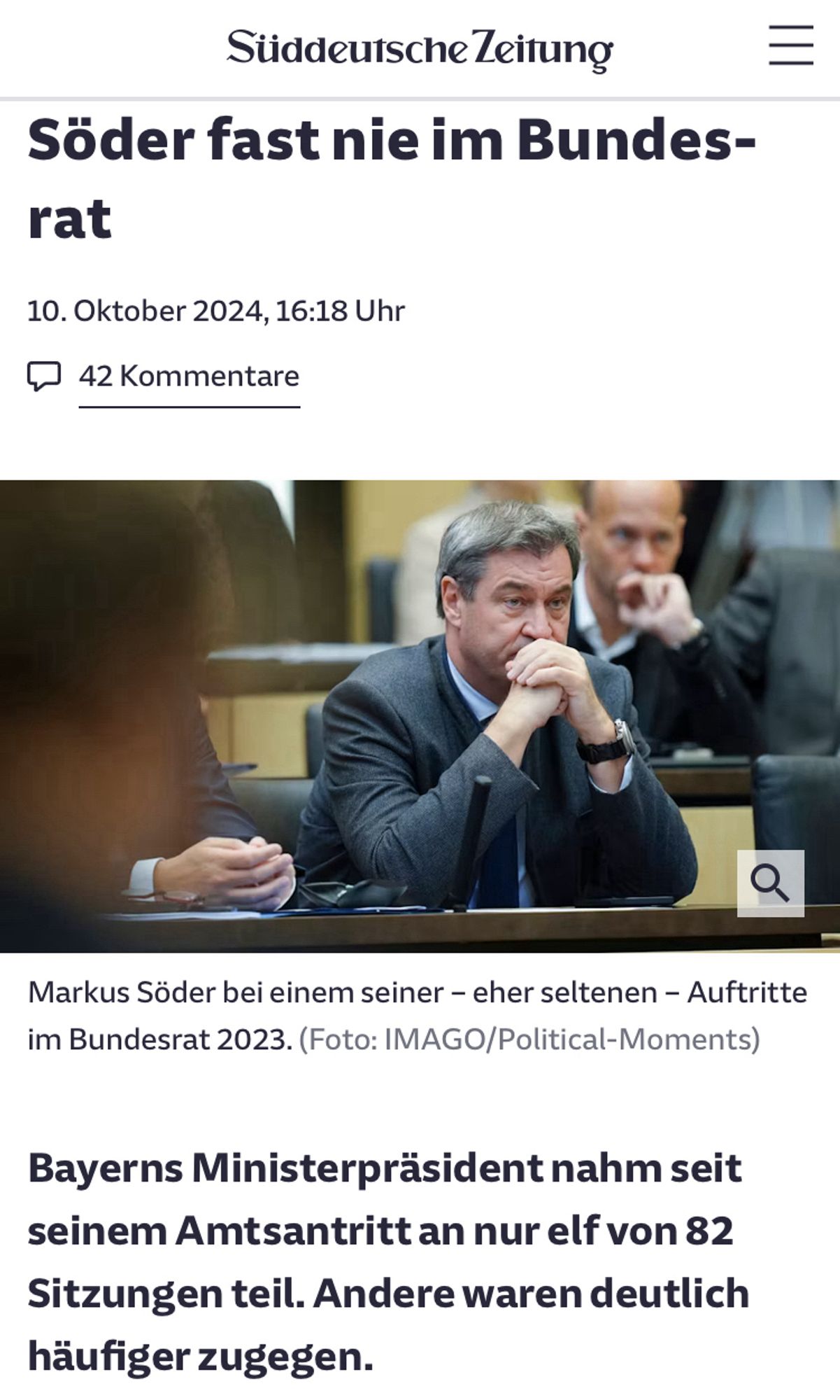 Soder fast nie im Bundesrat
10. Oktober 2024, 16:18 Uhr

Markus Söder bei einem seiner - eher seltenen - Auftritte im Bundesrat 2023. 
 
Bayerns Ministerpräsident nahm seit seinem Amtsantritt an nur elf von 82 Sitzungen teil. Andere waren deutlich häufiger zugegen.