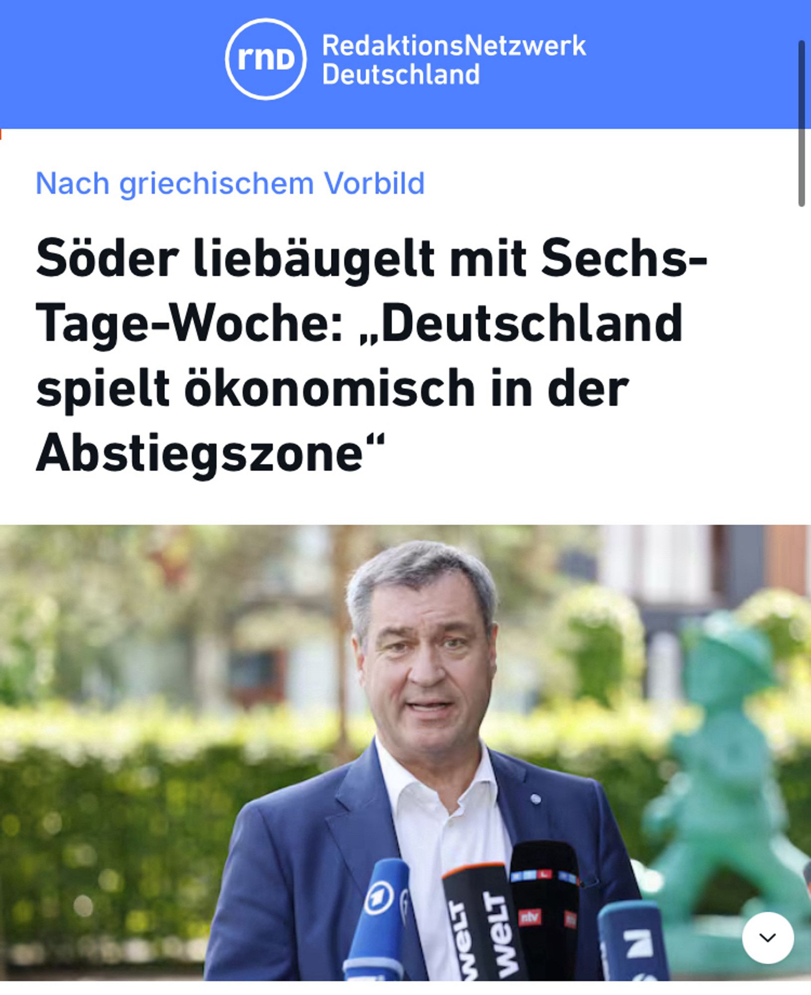 Nach griechischem Vorbild
Söder liebäugelt mit Sechs-Tage-Woche: „Deutschland spielt ökonomisch in der Abstiegszone"