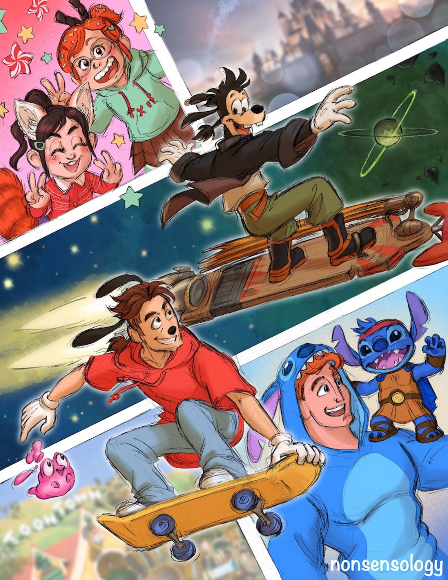 Jim Hawkins (from Treasure Planet) and Max Goof are dressed as each other; Jim is on a skateboard, and Max is on a solar surfer. Vanellope and Mei (from Turning Red) are dressed as each other, and Hercules and Stitch are dressed as each other.