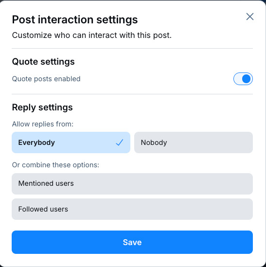 A menu of "post interaction settings" on bluesky including enabling quote posts,  and allowing either "everybody" "nobody" "mentioned users" or "followed users" to reply to a post. 