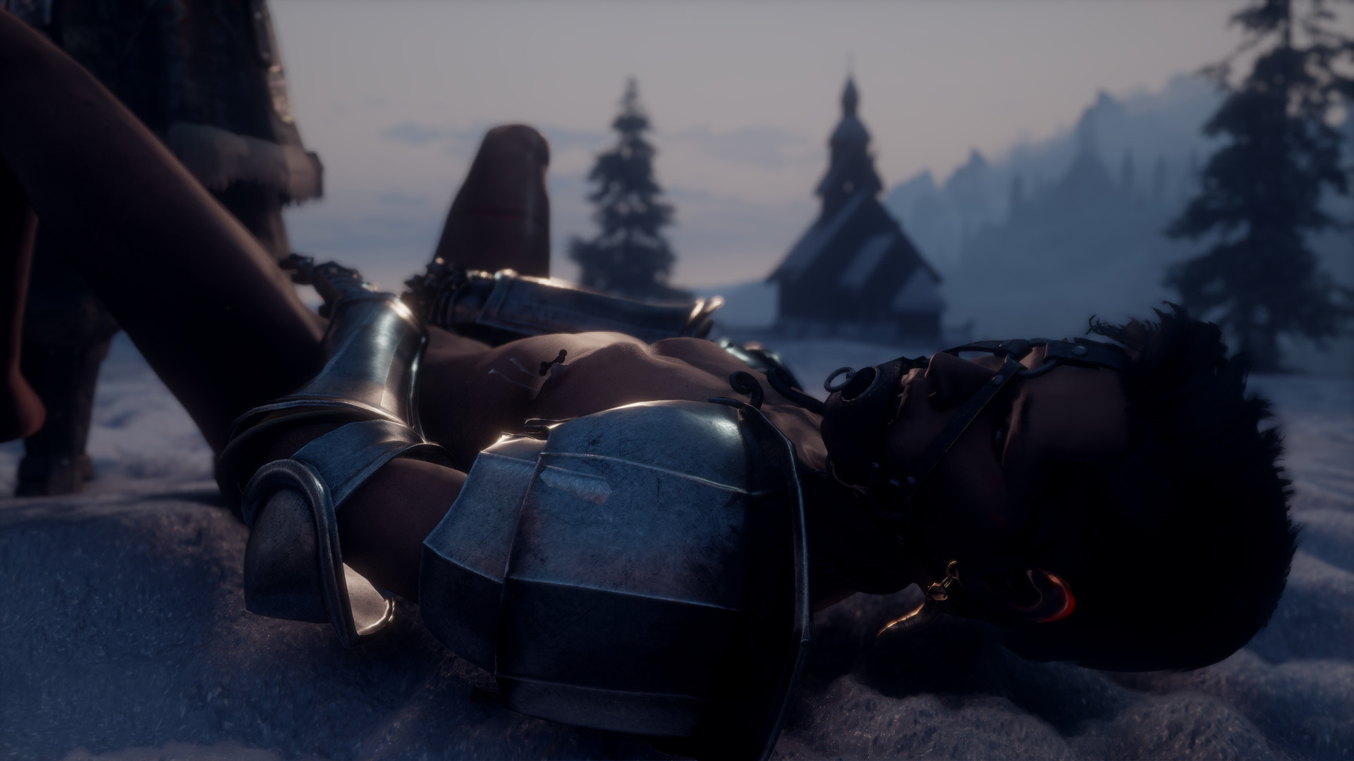 skyrim. a different angle of the last image, with a close up of cas' gagged face.