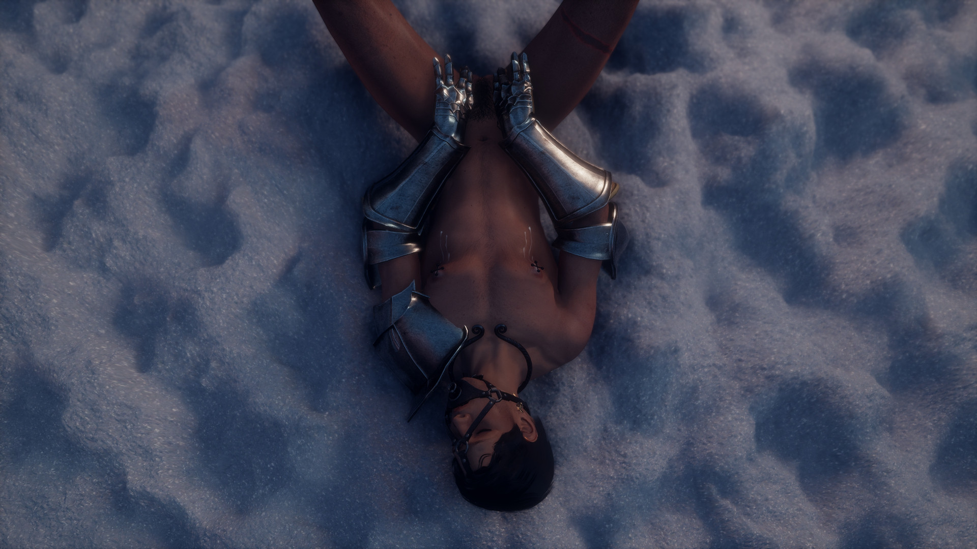 skyrim. cas lays on the ground spreadeagled, spreading the lips of his pussy for dean to inspect. a symmetric high shot.