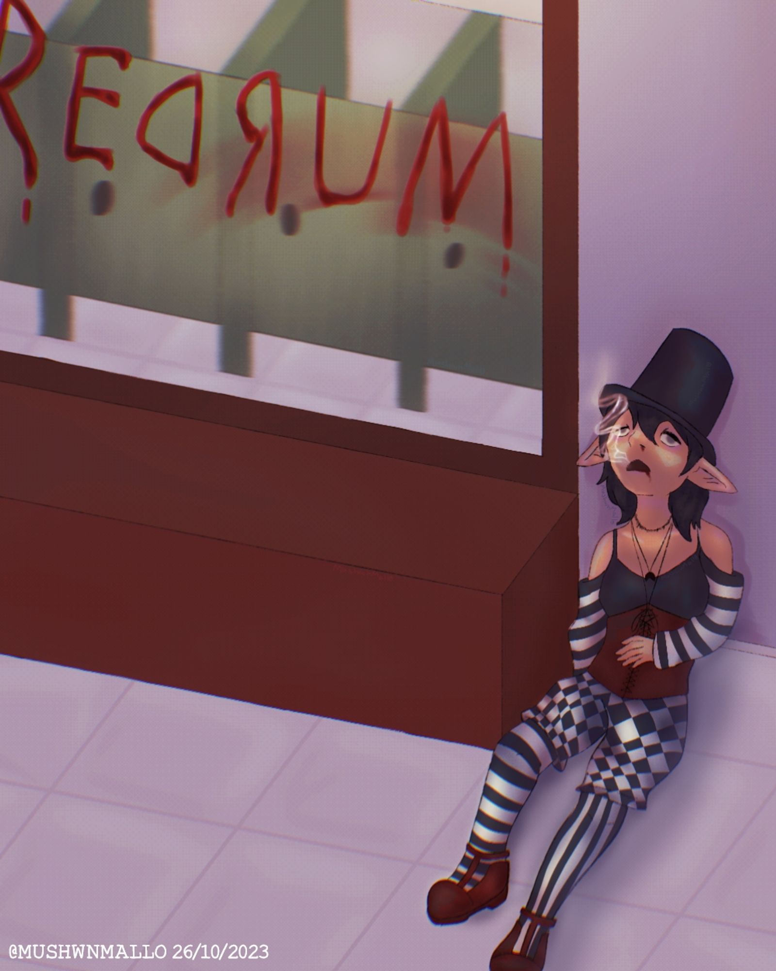 A person with elf ears, lying on the floor and leaning against the wall of a bathroom.
She is wearing a black top hat and clothes that resemble a clown, they are striped and in black and white checks. 

On the mirror is written "REDRUM" in blood, and the clown in the top hat takes her last breath, releasing the steam from his soul.