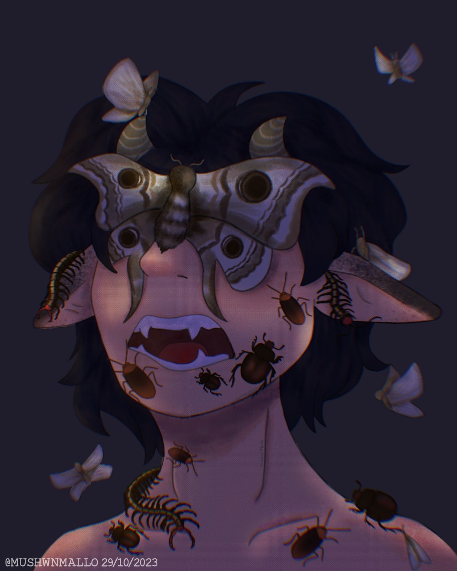 A person with elf ears and black fluffy hair.
He has an expression of anguish as several insects crawl across his face (cockroaches, beetles and centipedes).
There are some small moths of light surrounding its head, while there is a huge moth sitting on its eyes.