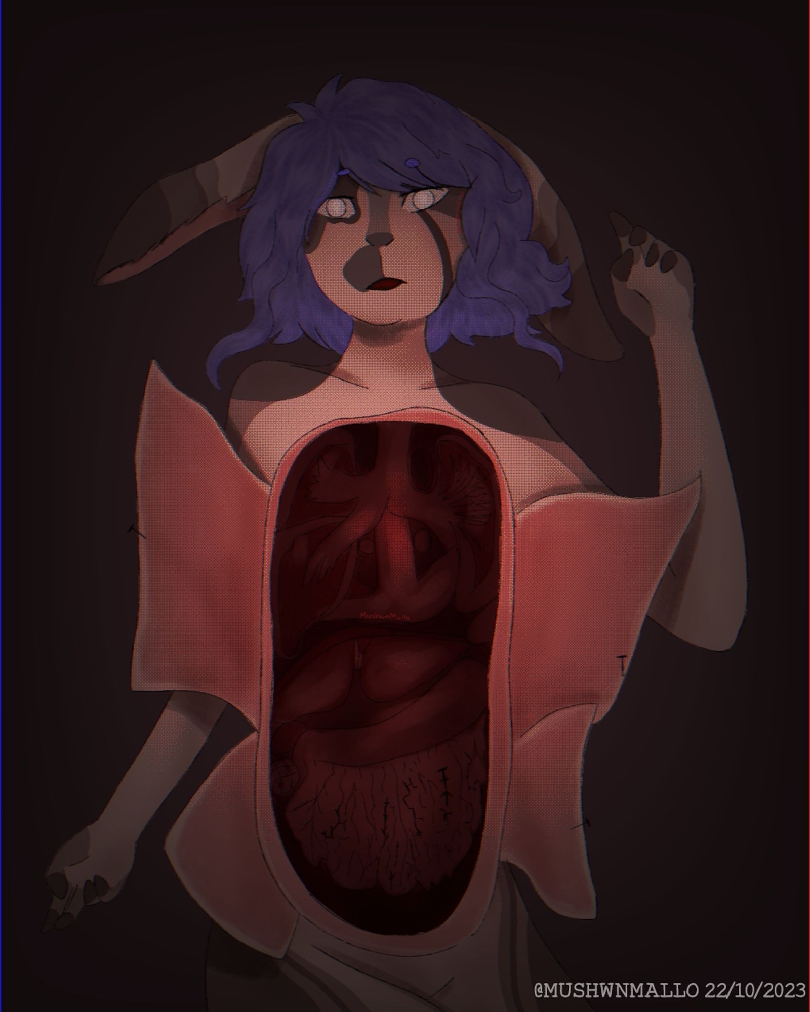 A anthro rabbit with purple jellyfish haircut. It is dead but look at you with empty eyes.

There is a huge cut, which goes from the chest to the end of the belly, exposing all the organs. The cut skins are pinned to keep the area open.