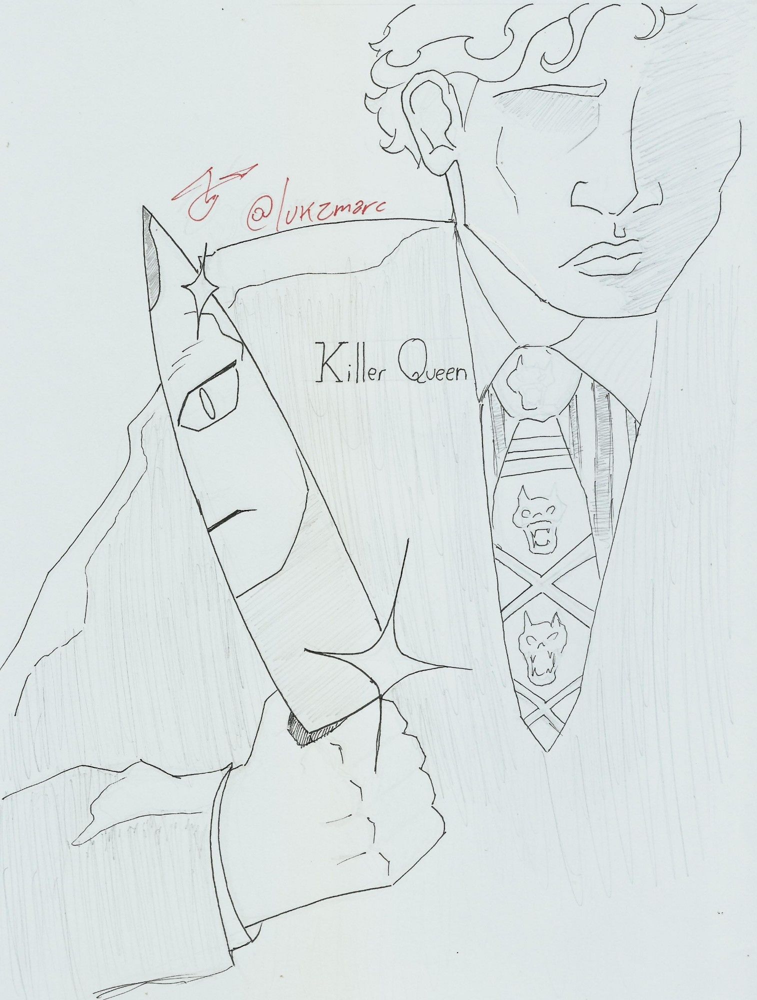 Fanart of Yoshikage Kira recreating the poster of American Psycho, holding a knife with his stand Killer Queen appearing on the blade's reflection