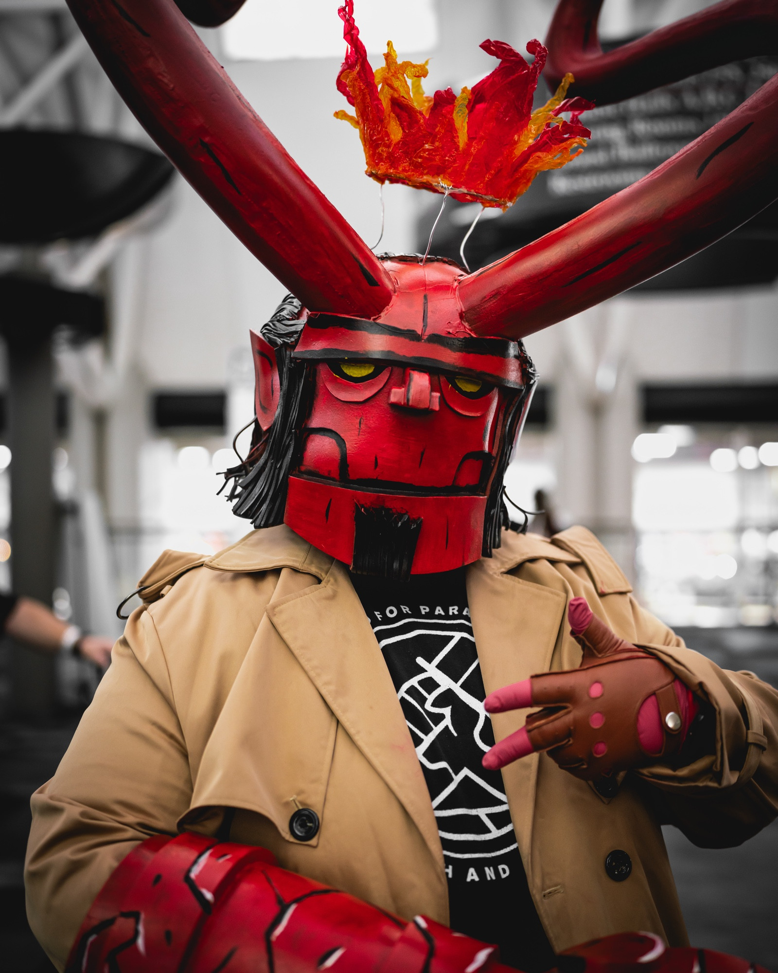 A portrait of a cosplayer dressed as Hellboy