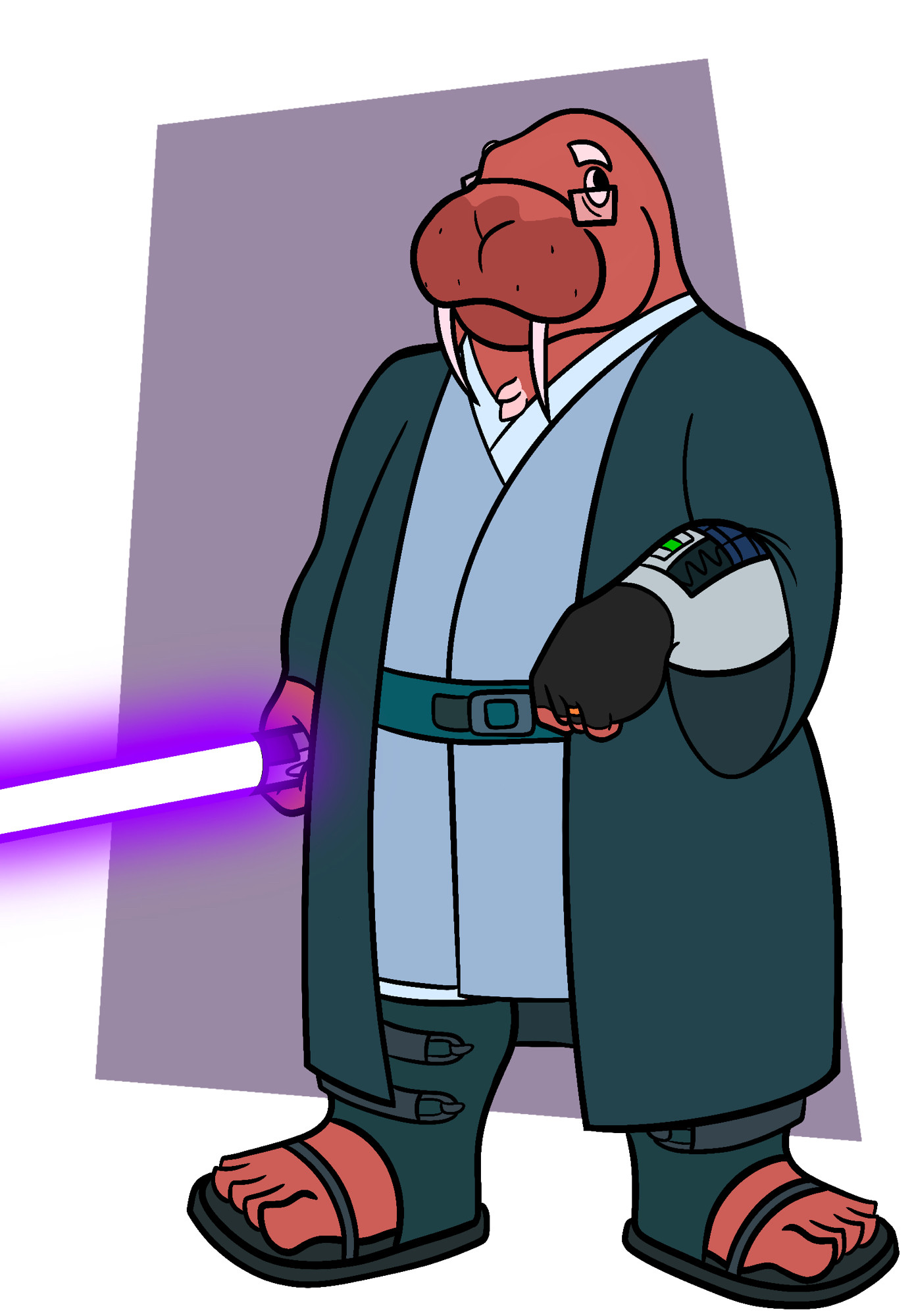 Anthropomorphic walrus man in blue robes wielding a Purple lightsaber 