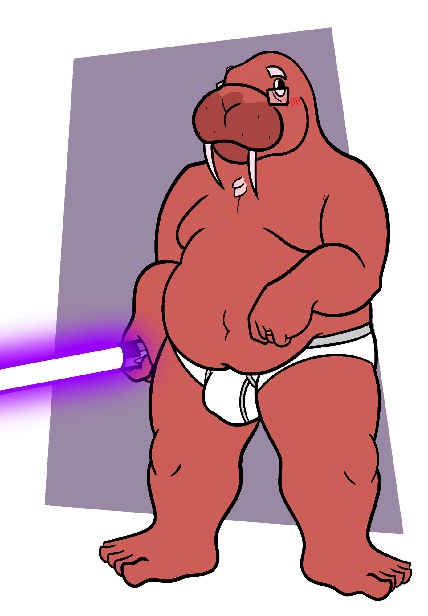 Anthropomorphic walrus man in nothing but a pair of white briefs wielding a Purple lightsaber 