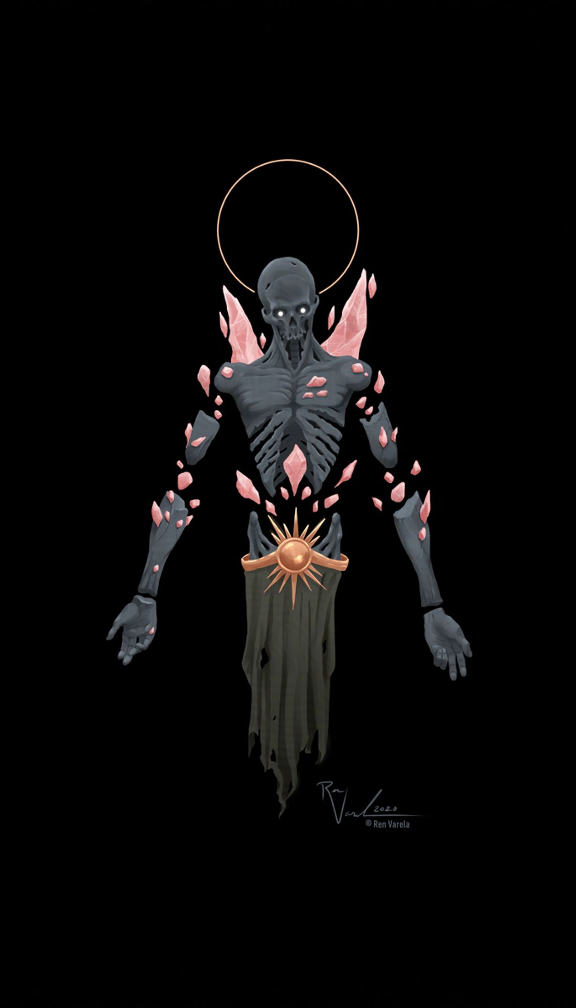 A dark art, digital painting of a soulsbourne-esque haloed, skull headed figure floating in a void with rose quartz protruding from its decaying body.