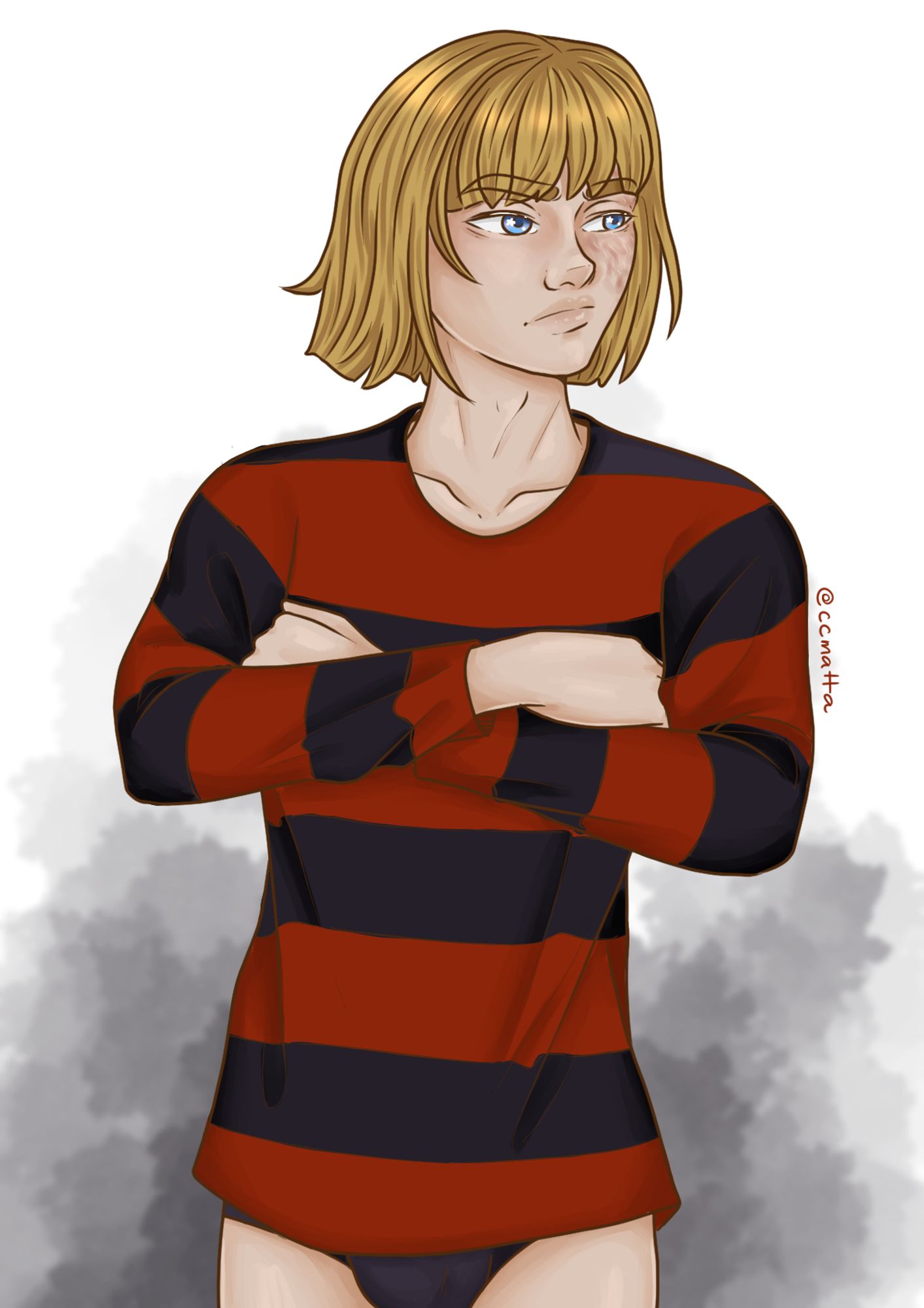 fanart do Mello de death note. Ele tá enquadrado do quadril pra cima. Ele usa a camiseta listrada do Matt e tá de cueca. Ele tá com os braços cruzados e olhando pra direita.