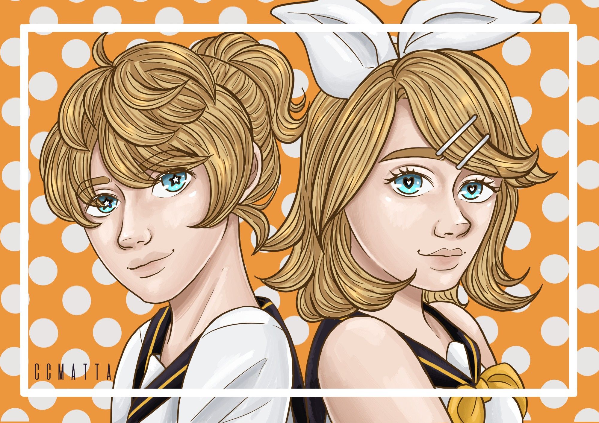 Len and Rin Kagamine's fanart, from vocaloid. Len is on the left, with the body facing left and his face looking "at us". Rin is in the same position, mirrored to the right. Both are smiling. They're wearing their default clothes - a sailor school uniform. The back is orange with big white dots all over.