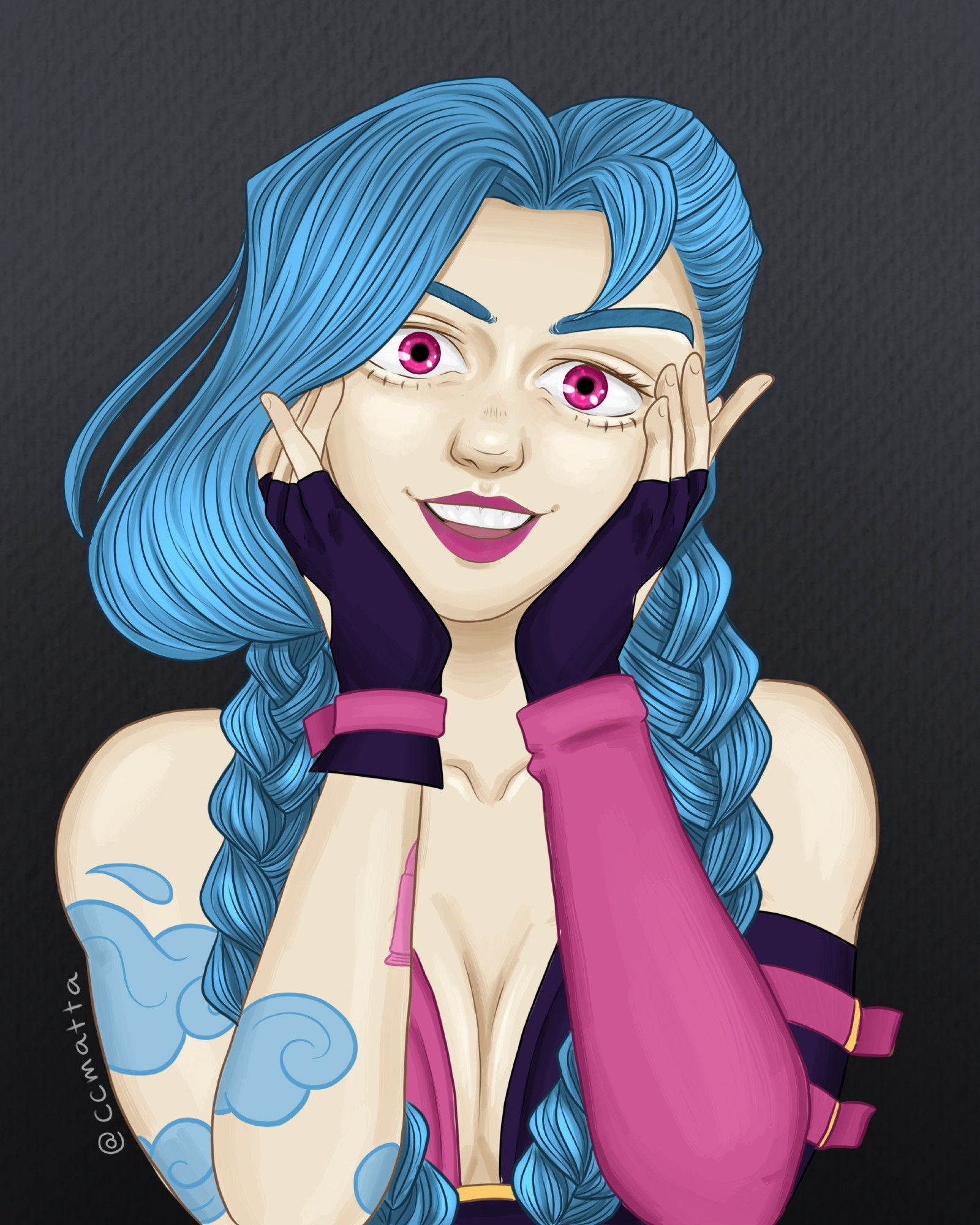 Fanart of Jinx from league of legends. She's wearing her default skin. Her hands are holding her face, each on each side. She has her eyes wide open and a big smile.