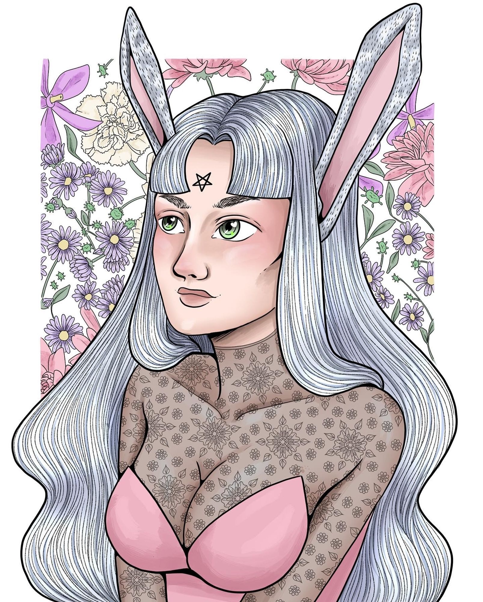 It's a drawing of a woman with bunny ears. She is facing left and looking up. Her hair is white and really long, as is her bunny ears. She has green eyes and a pentagram in her forehead. The background is full of flowers.