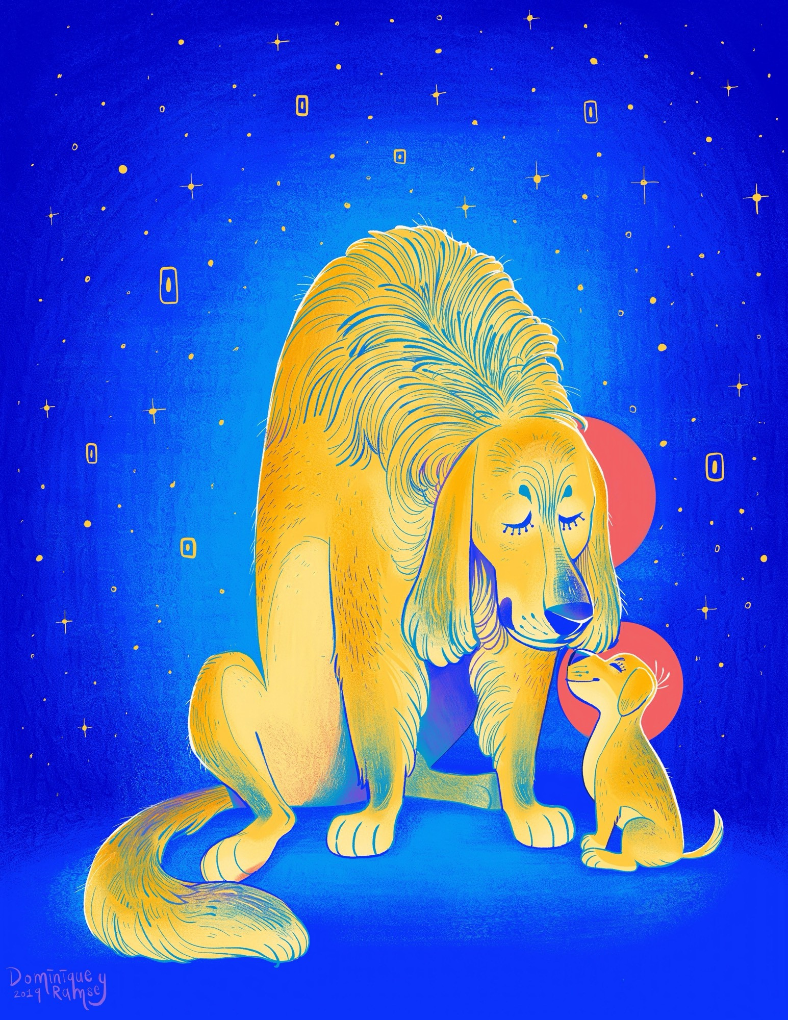 Illustration of a mother golden retriever nuzzling her pup on the nose. The background is blue with small yellow stars.
