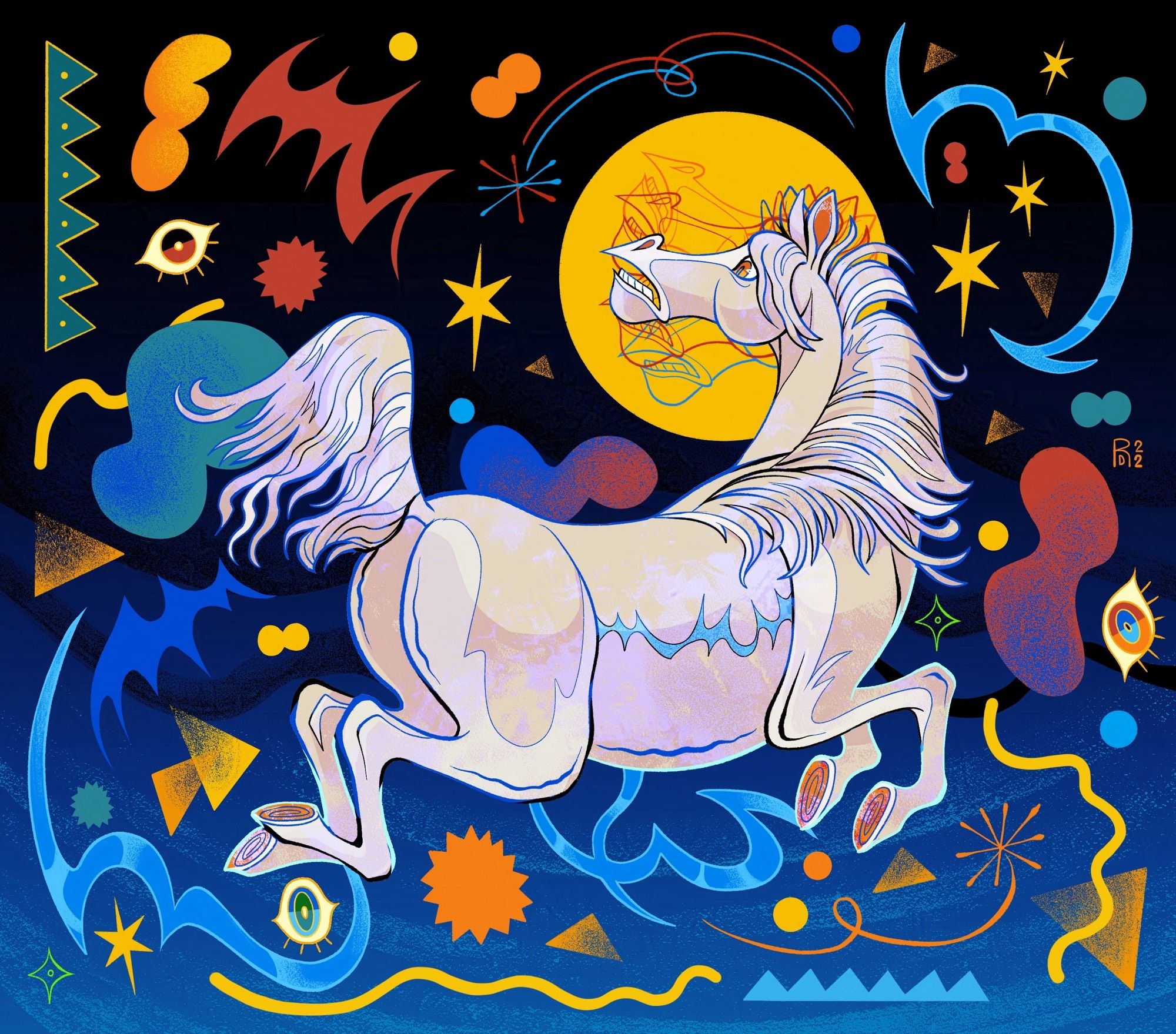 Illustration of a white horse running and looking bewildered. The horses head moves frantically and it is surrounded by varies colorful abstract shapes.