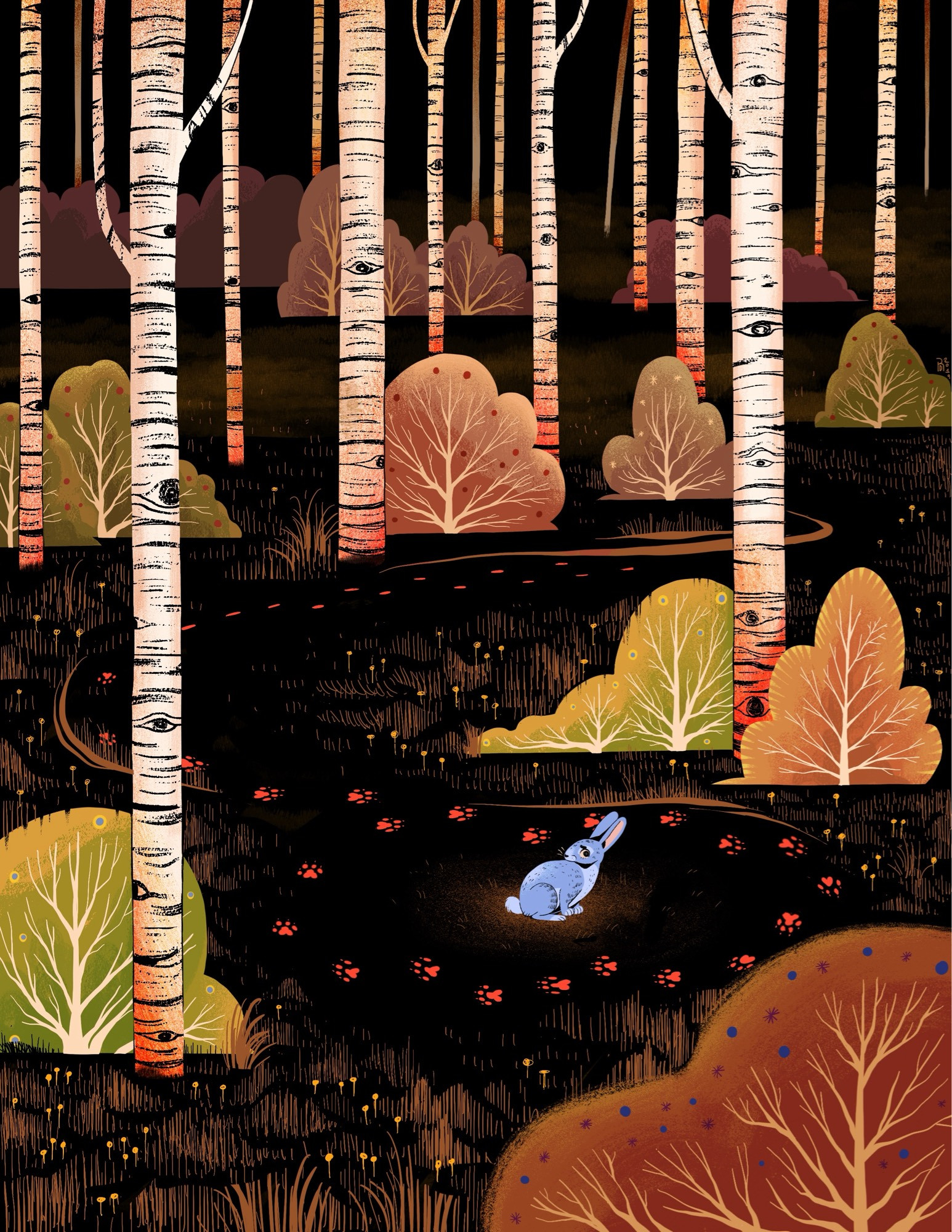 Illustration of a blue bunny gets nervous out alone in the woods at night. It can feel that it’s being watched, as red paw prints of an unseen creature follow and encircle it.