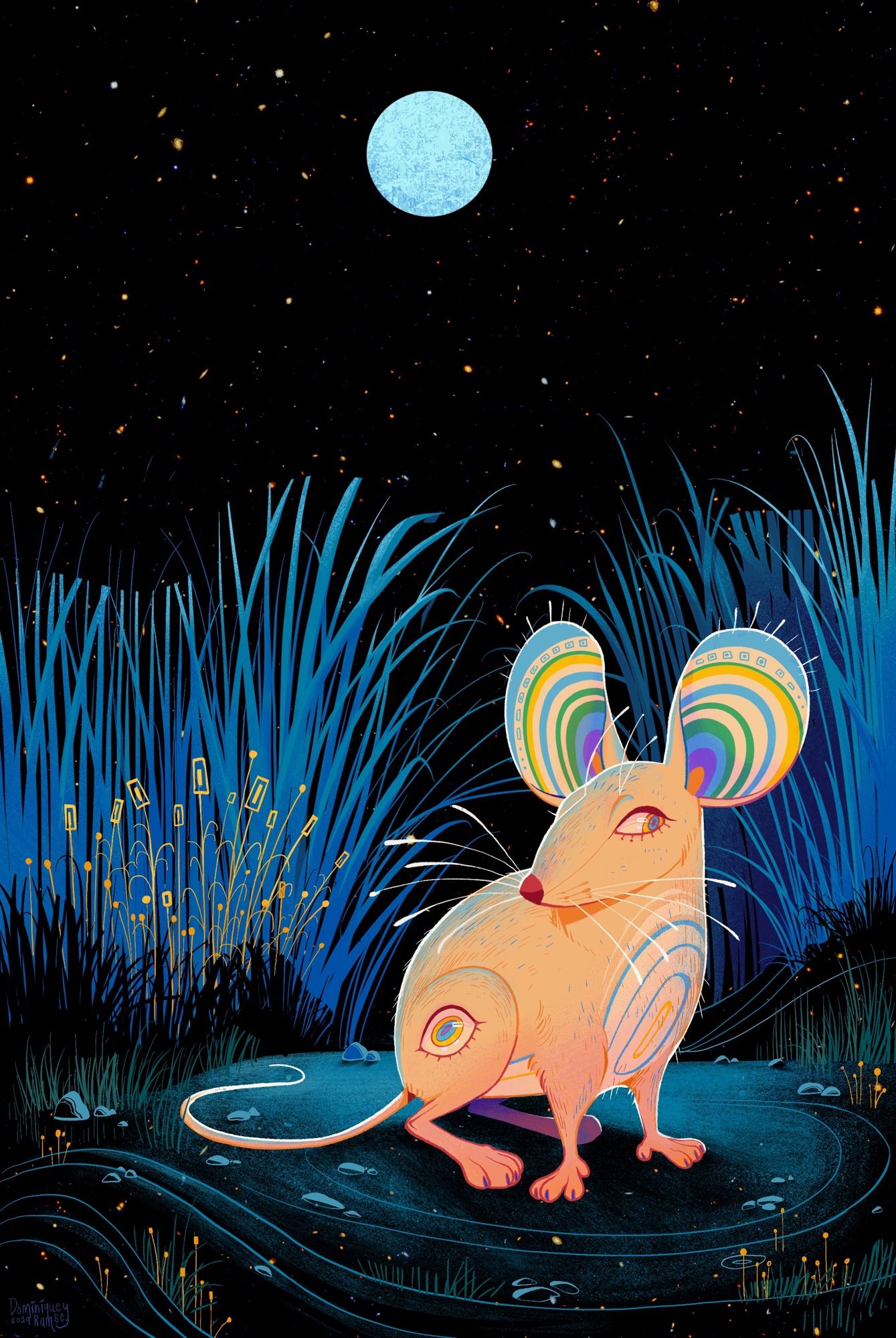 beige Mouse with an eye on its thigh sits under a blue moon at night.