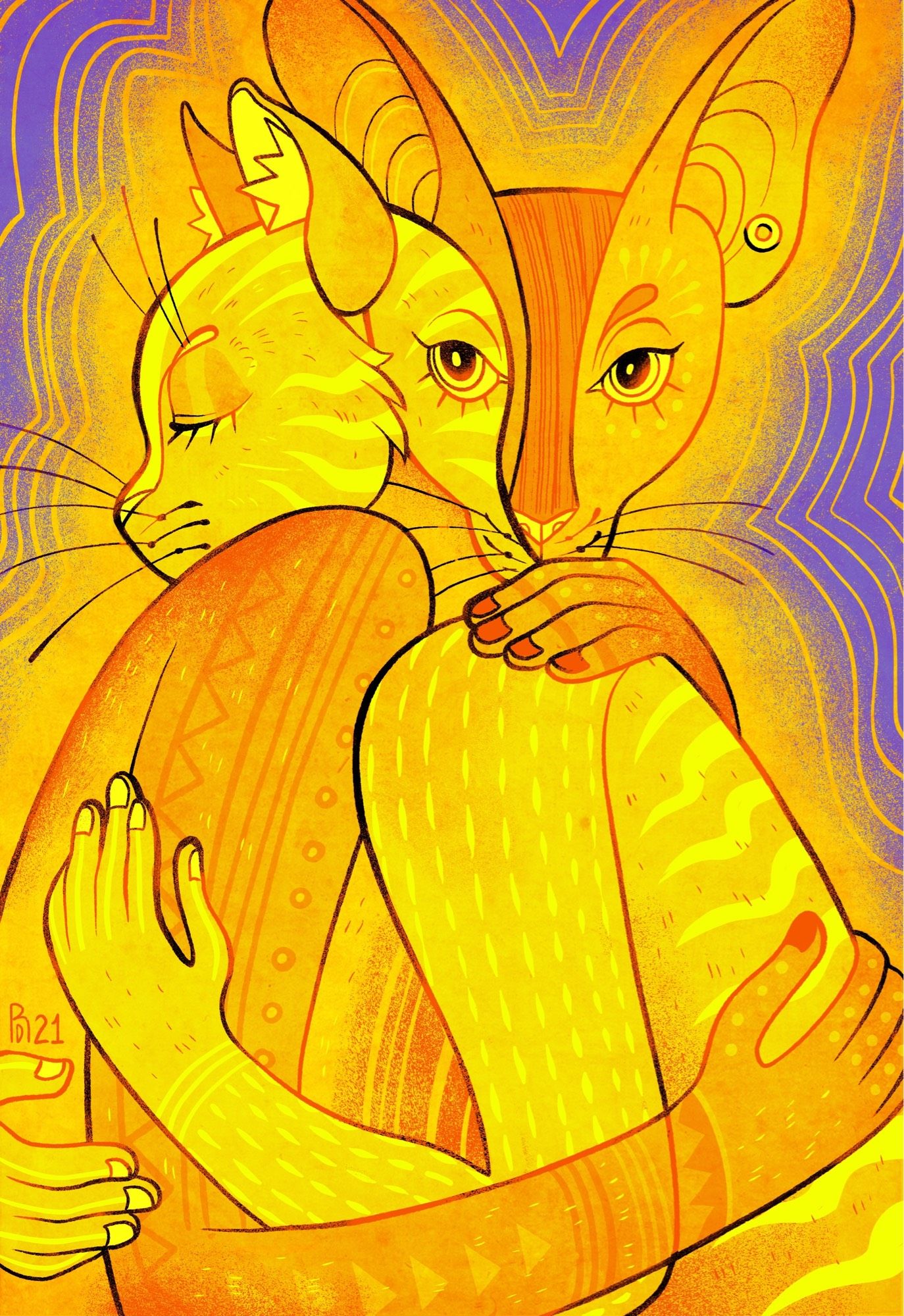 Two yellow cats hug each other.