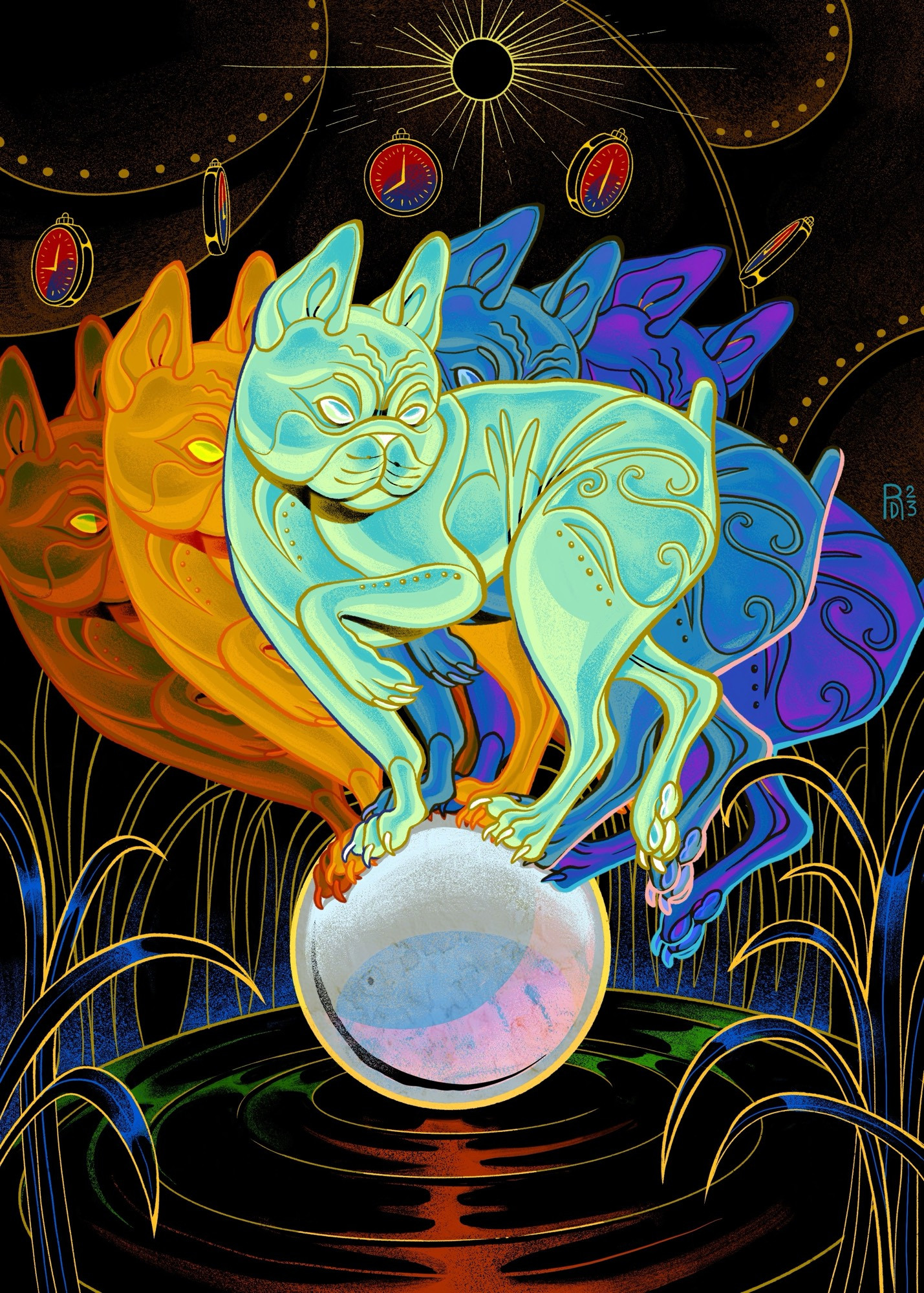 Illustration of a French Bulldog at five stages of its life balancing on an orb that hovers over a lake. An eclipse is seen in the background.