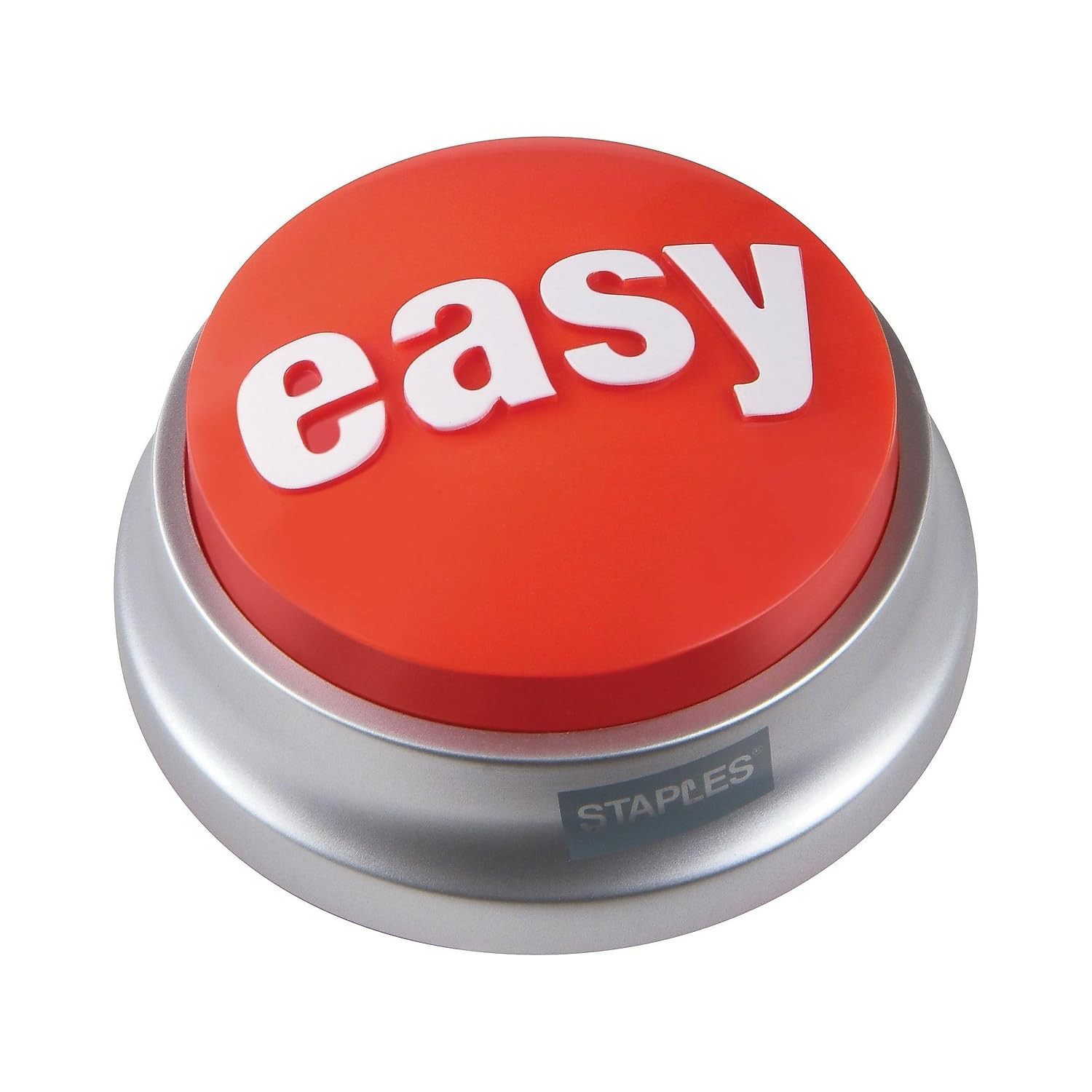 An image of the famous Staples button. When pressed it says "that was easy". It is red and silver in color with the red button text reading "EASY". The button text is white and in all lower case letters. 