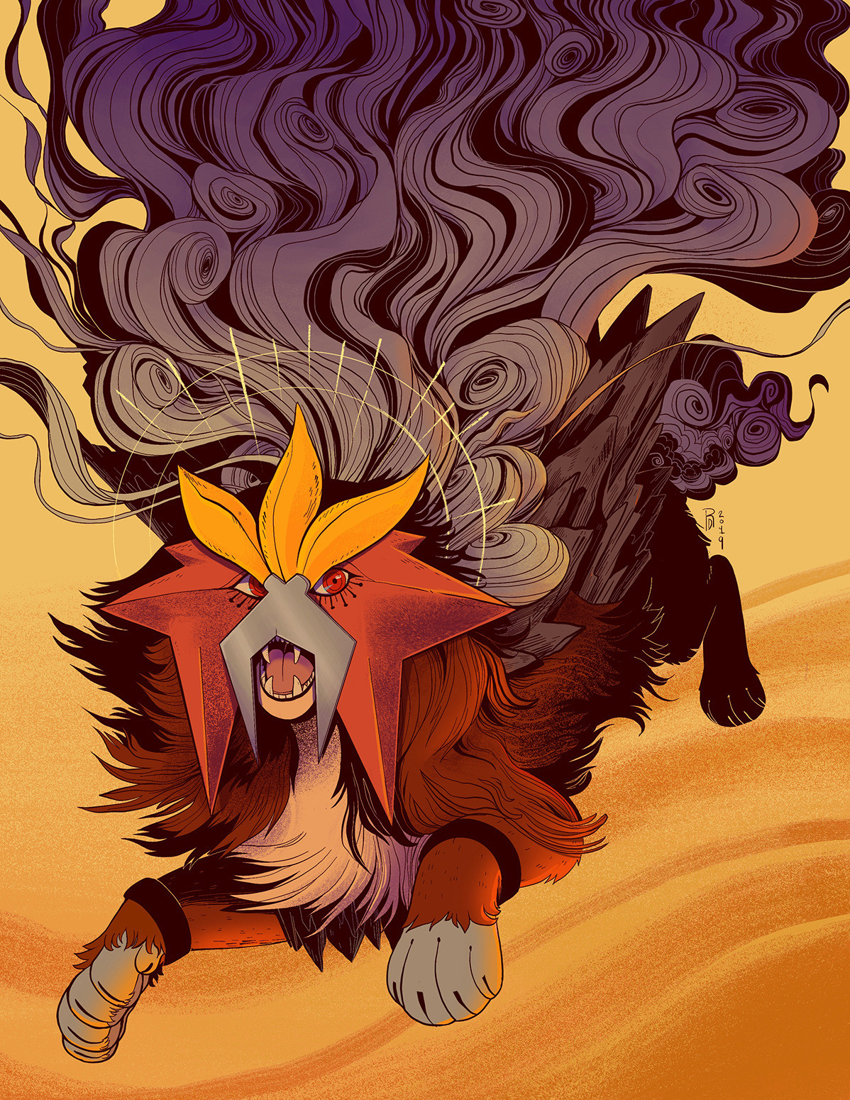 Illustration of a lion creature with a red and yellow mask leaping through the air. The creature’s back has smoke plumes rising from it.