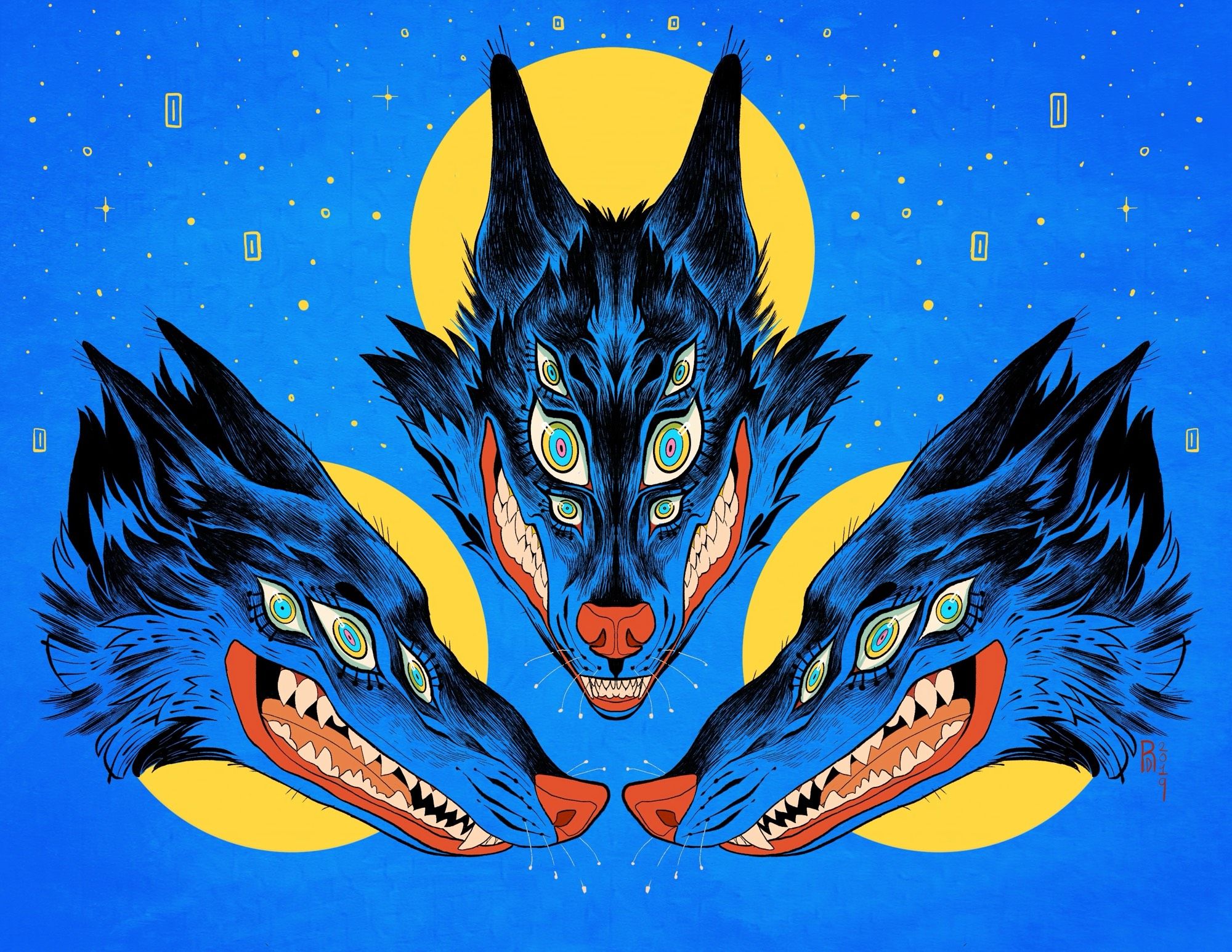 Illustration of three blue wolves giving a harrowing smile as their multiple eyes rest upon you with a piercing gaze.
