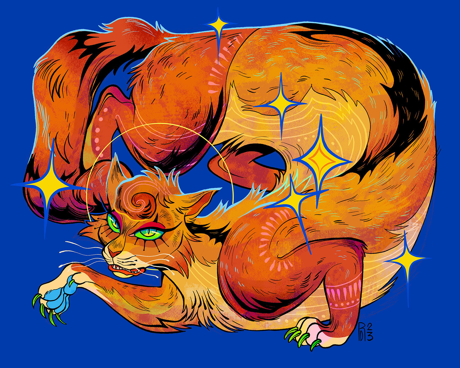 Illustration of an orange and brown cat with green eyes. Yellow stars sparkle around her.