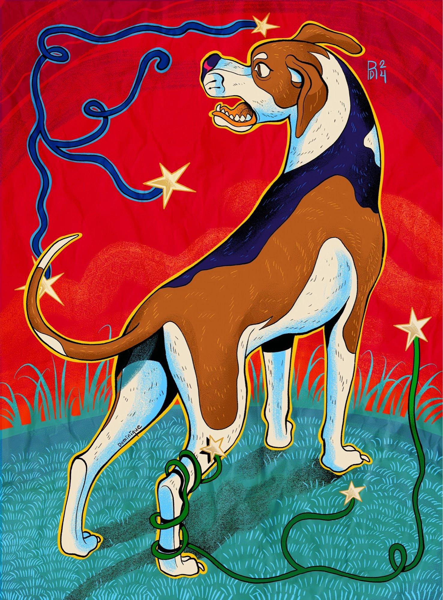 illustration of a dog with brown, white, and black patching on its body. Two star spangled banners flank either side of the dog.