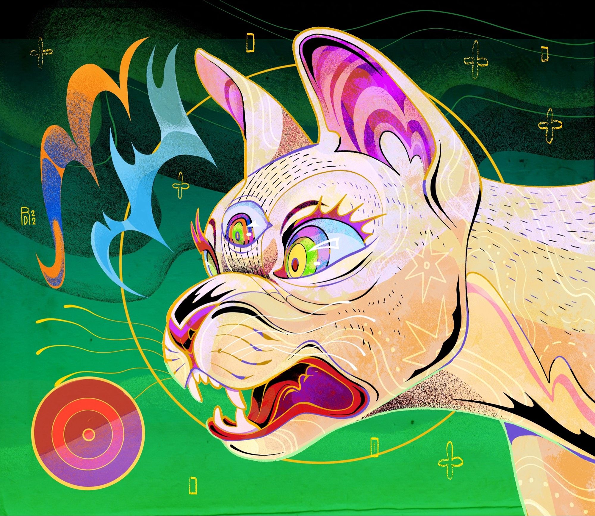 Illustration of a beige cat’s third-eye activating, it begins seeing things that are not of this world. Three abstract shapes float around its head.