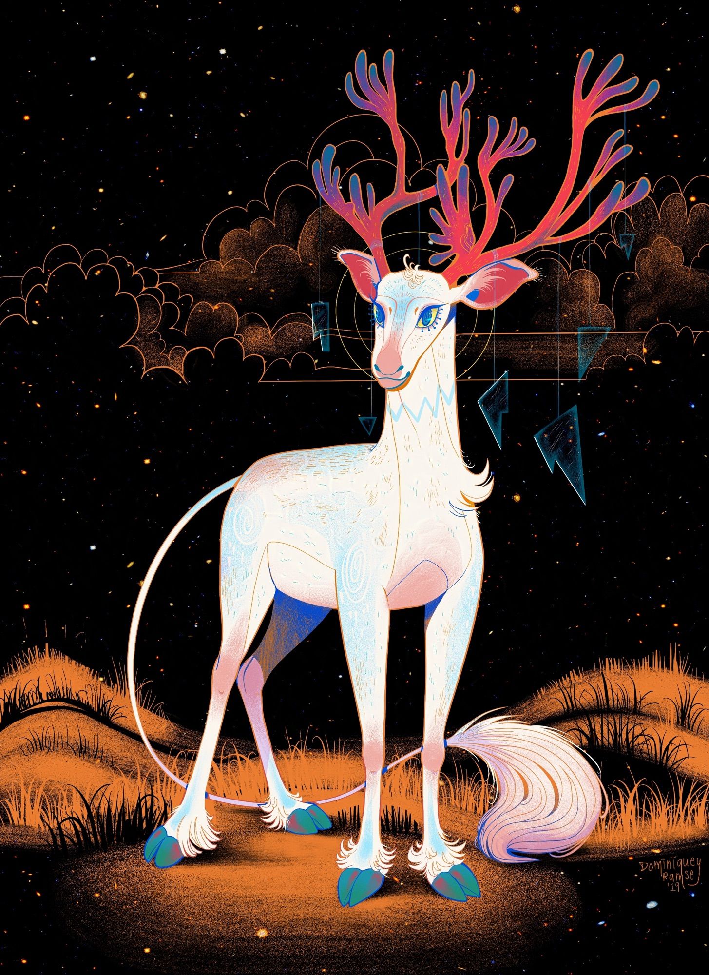 Illustration of a white elk standing under the night stars with shards of glass hanging from its large pink antlers. The grass around it is orange in color.