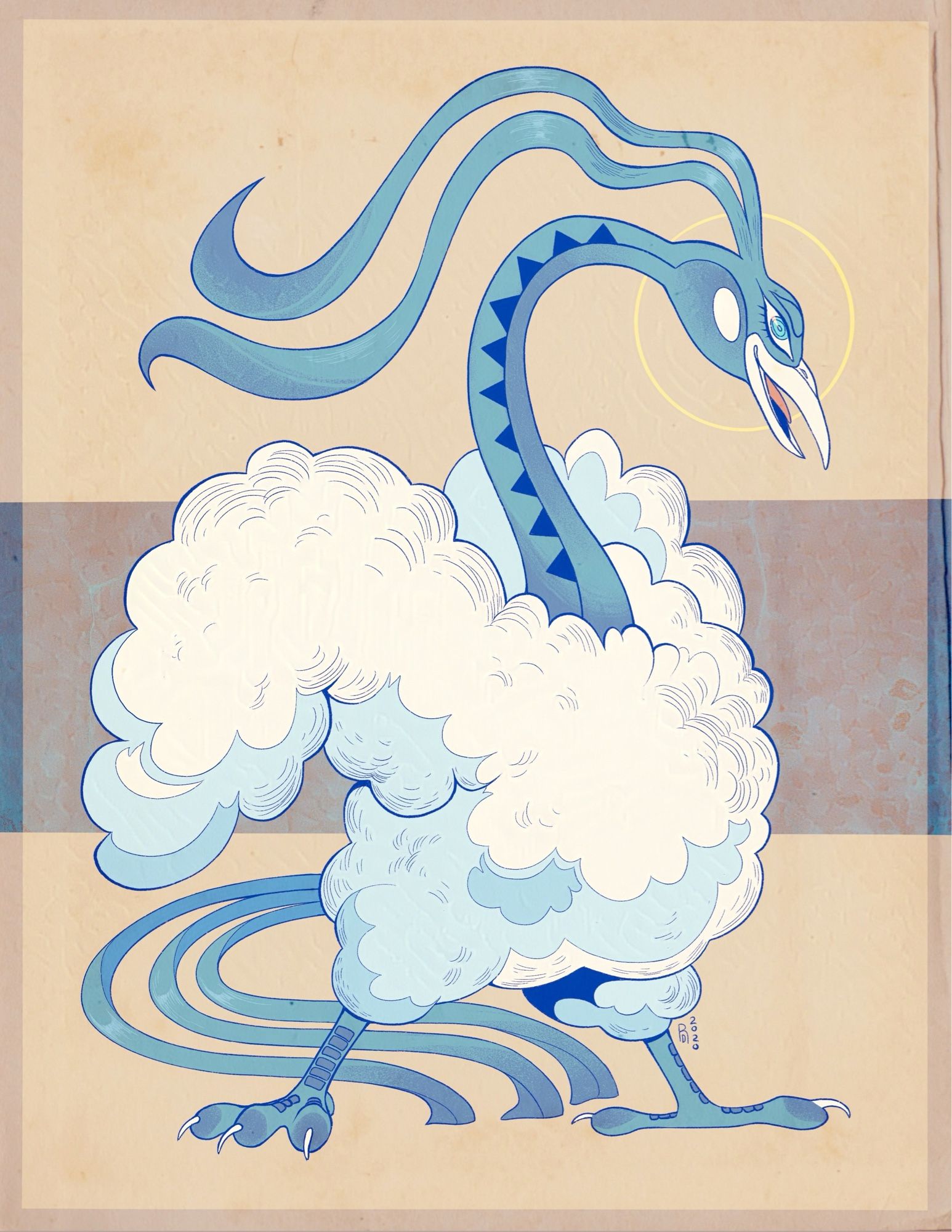 Illustration of a blue bird creature with clouds for its body, and 3 feathers for a tail that resemble ribbons. It has these ribbon-like feathers on its head as well.