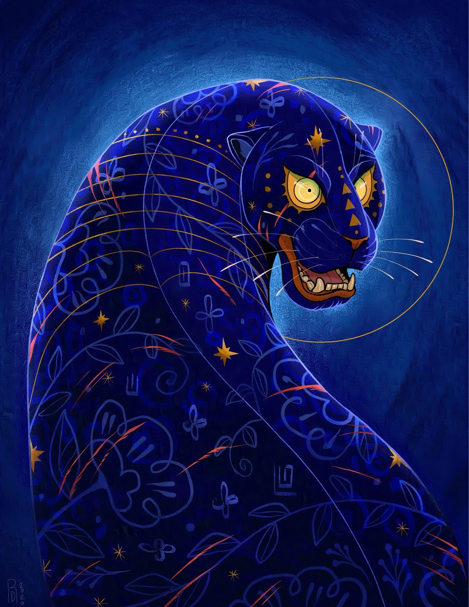 Illustration of a blue panther turning its head around baring its teeth. Its patterned flank is rattled by scars caused by those who are jealous of the flowers and stars on its back.