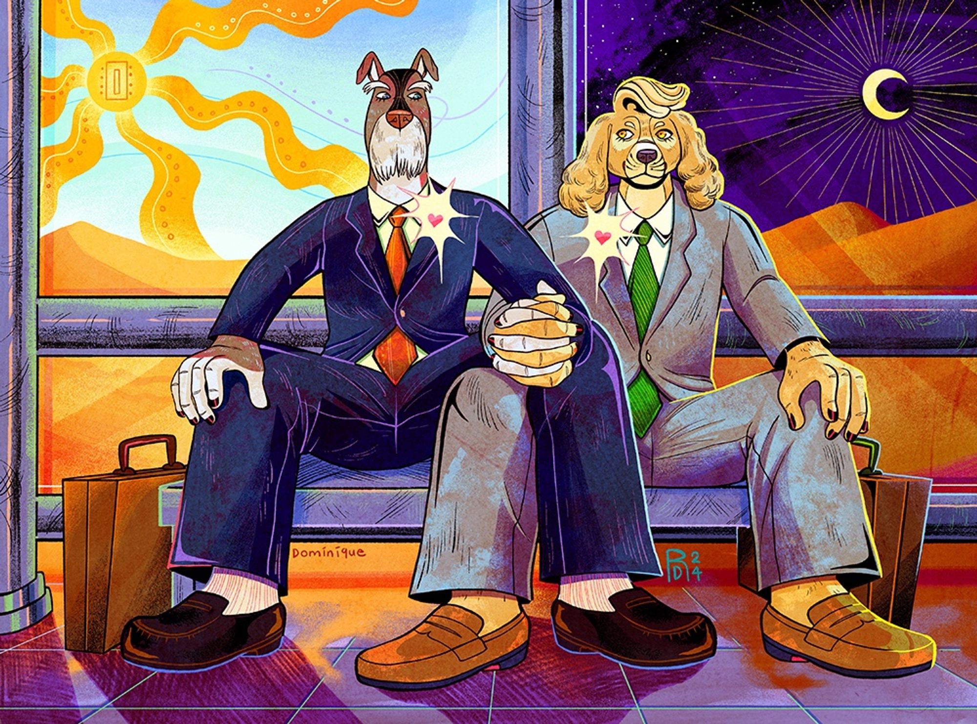 Illustration of two bipedal male dogs, one a schnauzer and the other a Clumber spaniel,  sitting next to each other at a bus stop while holding hands.