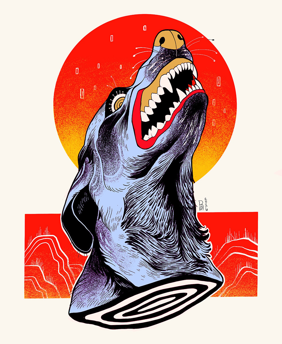 Illustration of a purple and black dog baring it's teeth and it's head tilted toward the sky. A red circle and rectangle are behind it.