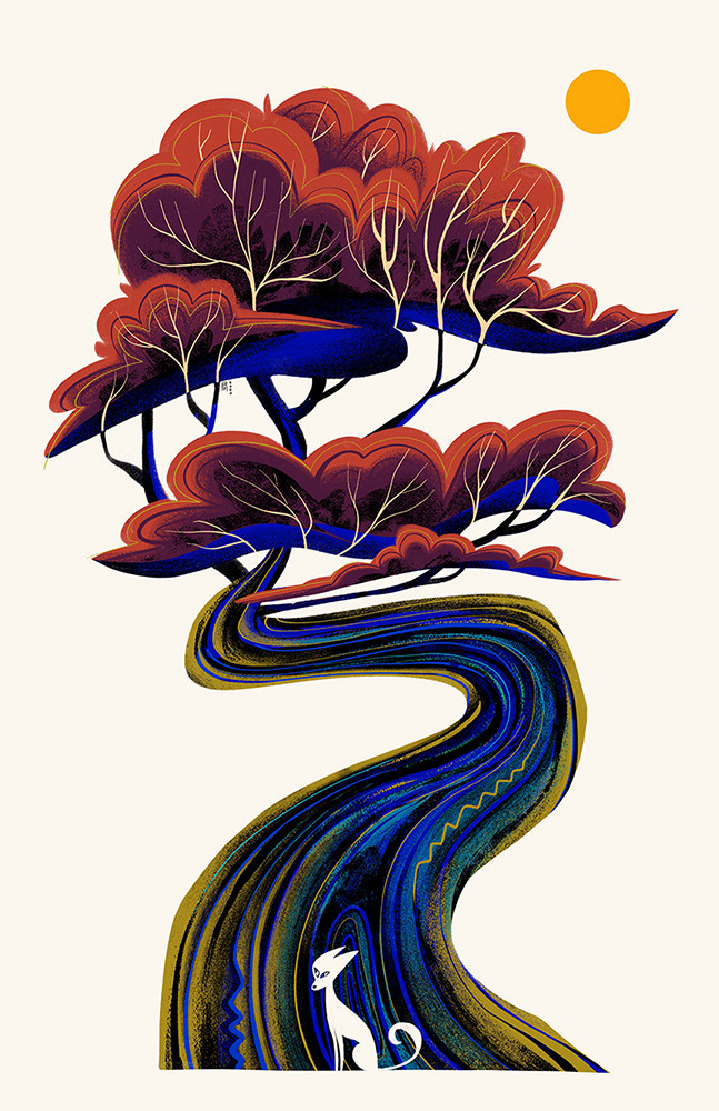 Illustration of a tree inspired by the art of Eyvind Earle. A small white animal sits at the base of the tree.