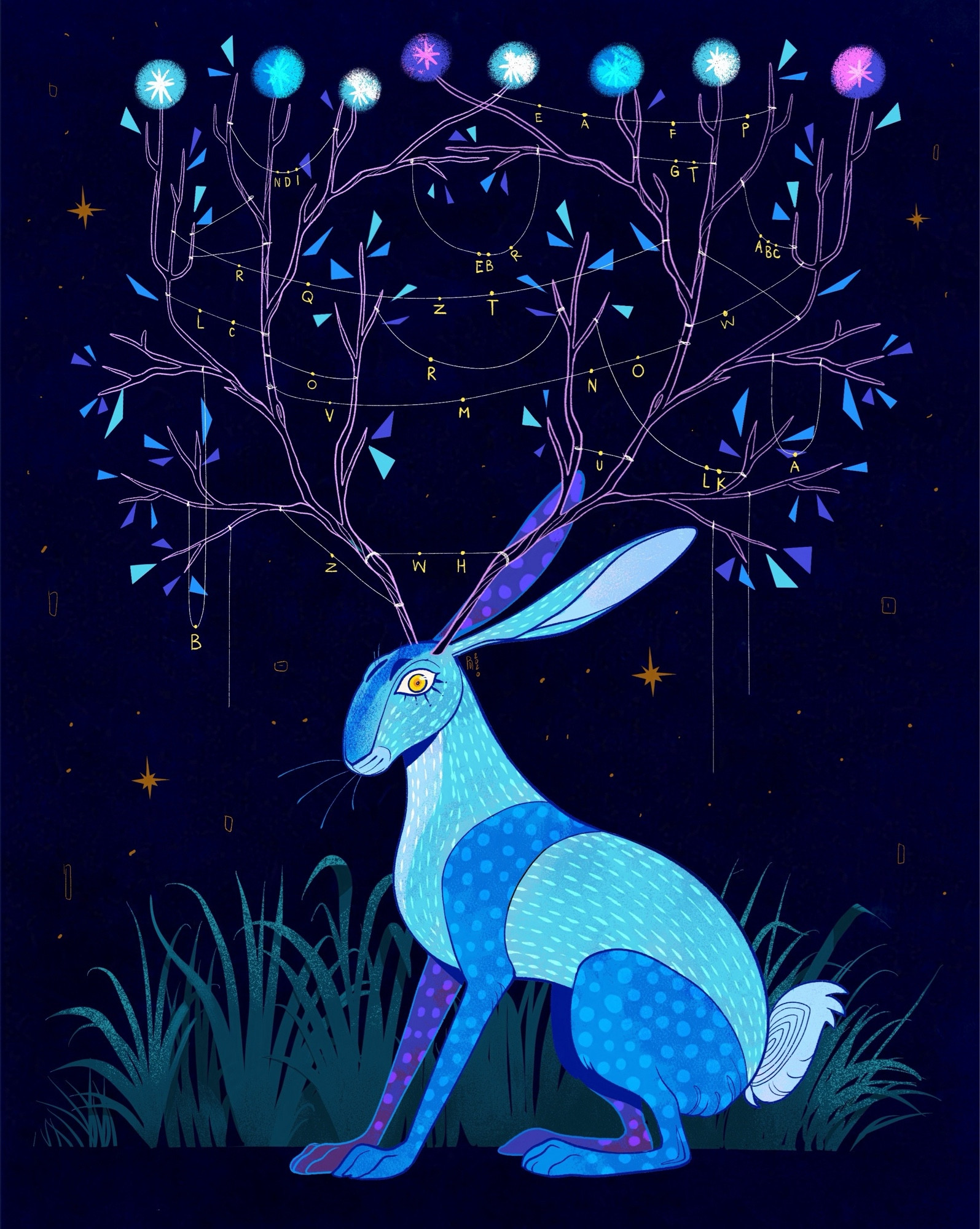 Illustration of a blue Jackalope (hare) sits in the grass as multiple letters of names hang from it’s antlers.