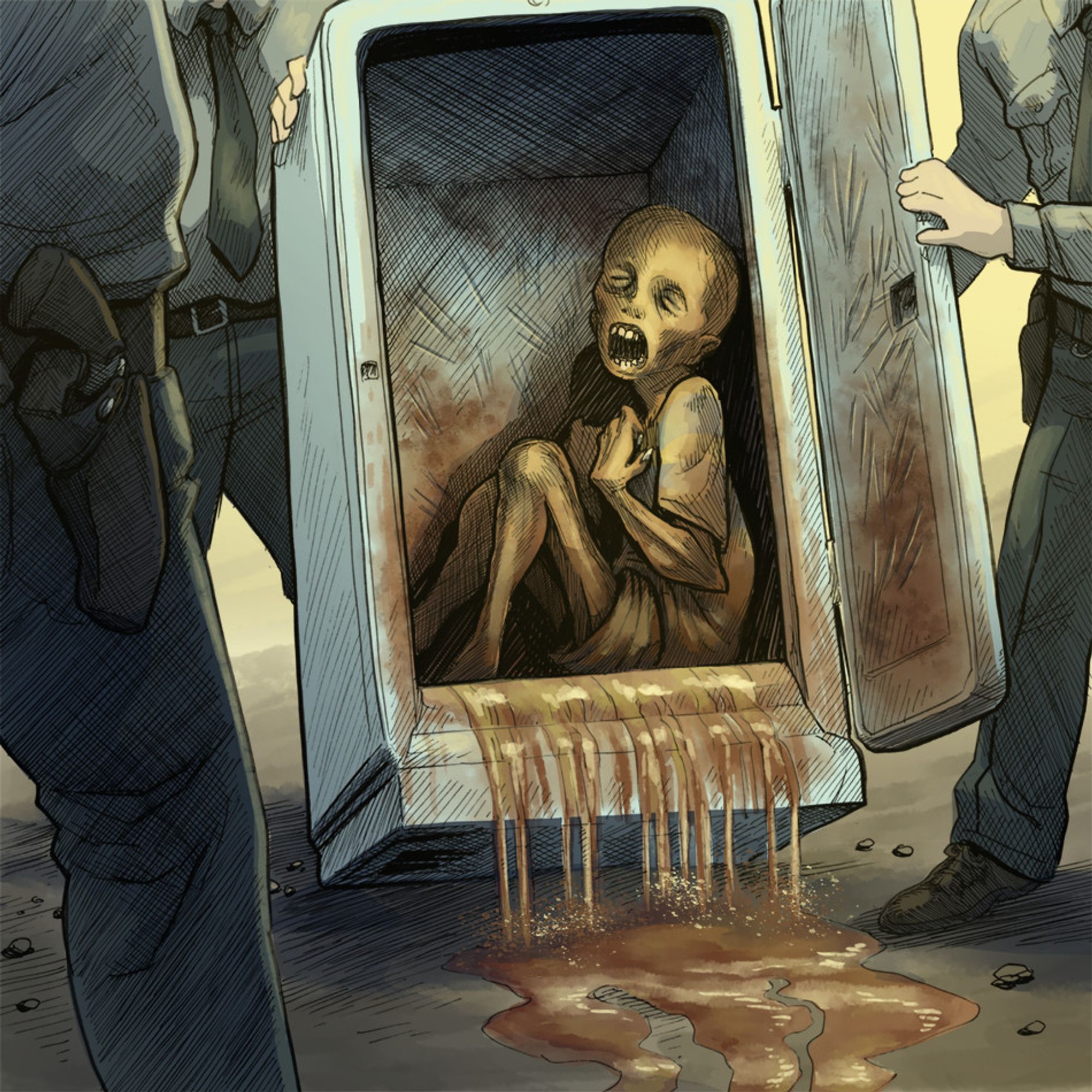 a group of cops stand around a freshly un-sealed old refrigerator. Putrid liquid pours from within, where the yellowed corpse of a young boy sits, curled up in the small space. The interior is marred with scratch marks.