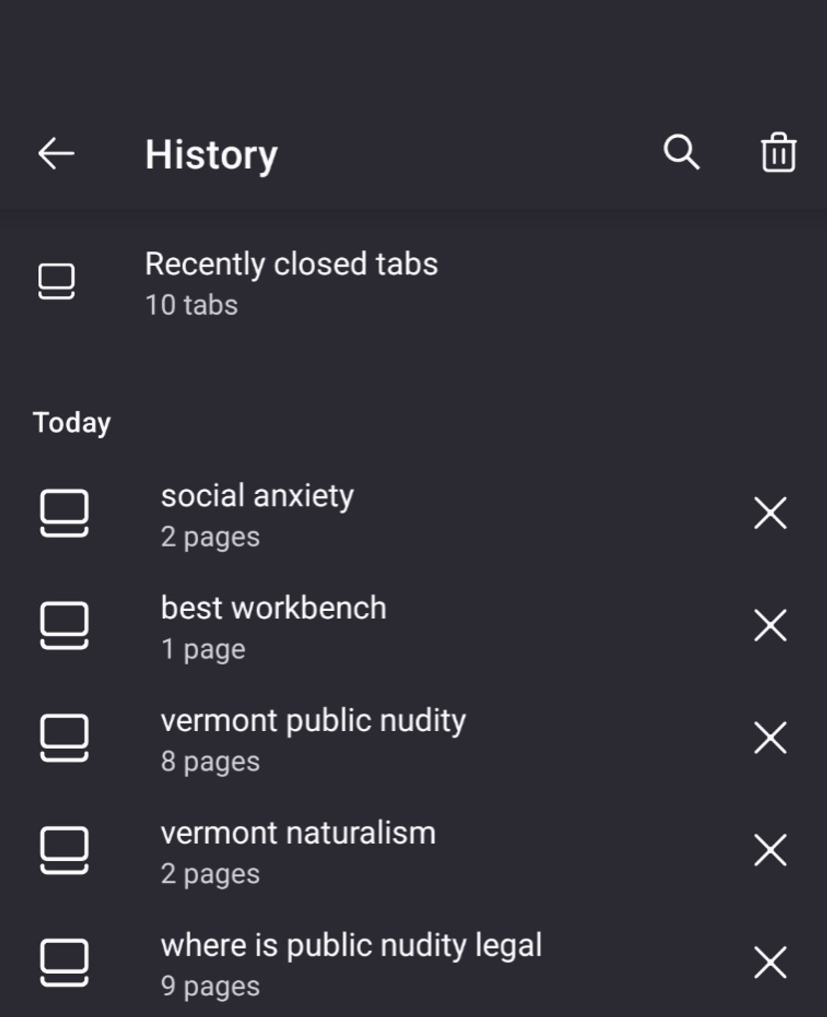 Browser history:
where is public nudity legal - 9 pages
Vermont naturalism - 2 pages
Vermont public nudity - 8 pages
best workbench - 1 page
social anxiety - 2 pages