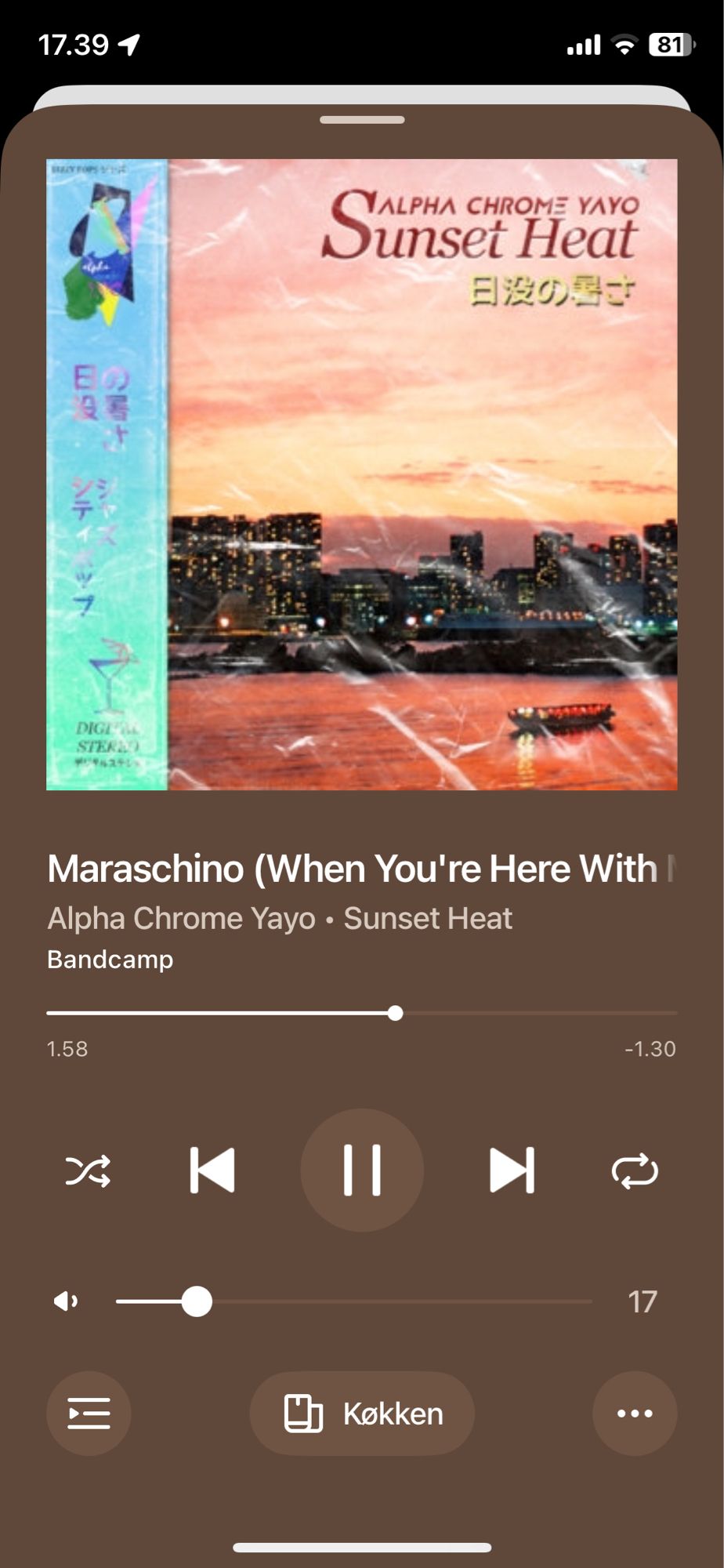 Sonos screenshot showing Maraschino (When You’re Here With Me) by Alpha Chrome Yayo playing, off the Sunset Heat album