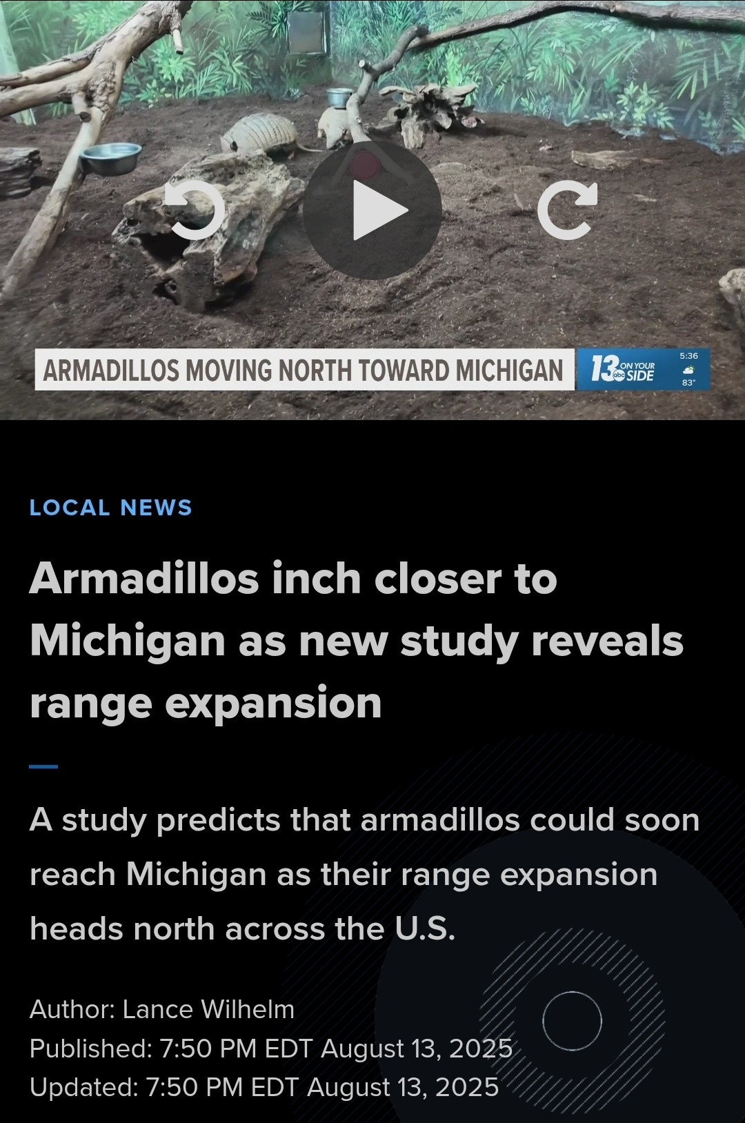 News article headline:
Armadillo Inch Closer to Michigan as New Study Reveals Range Expansion